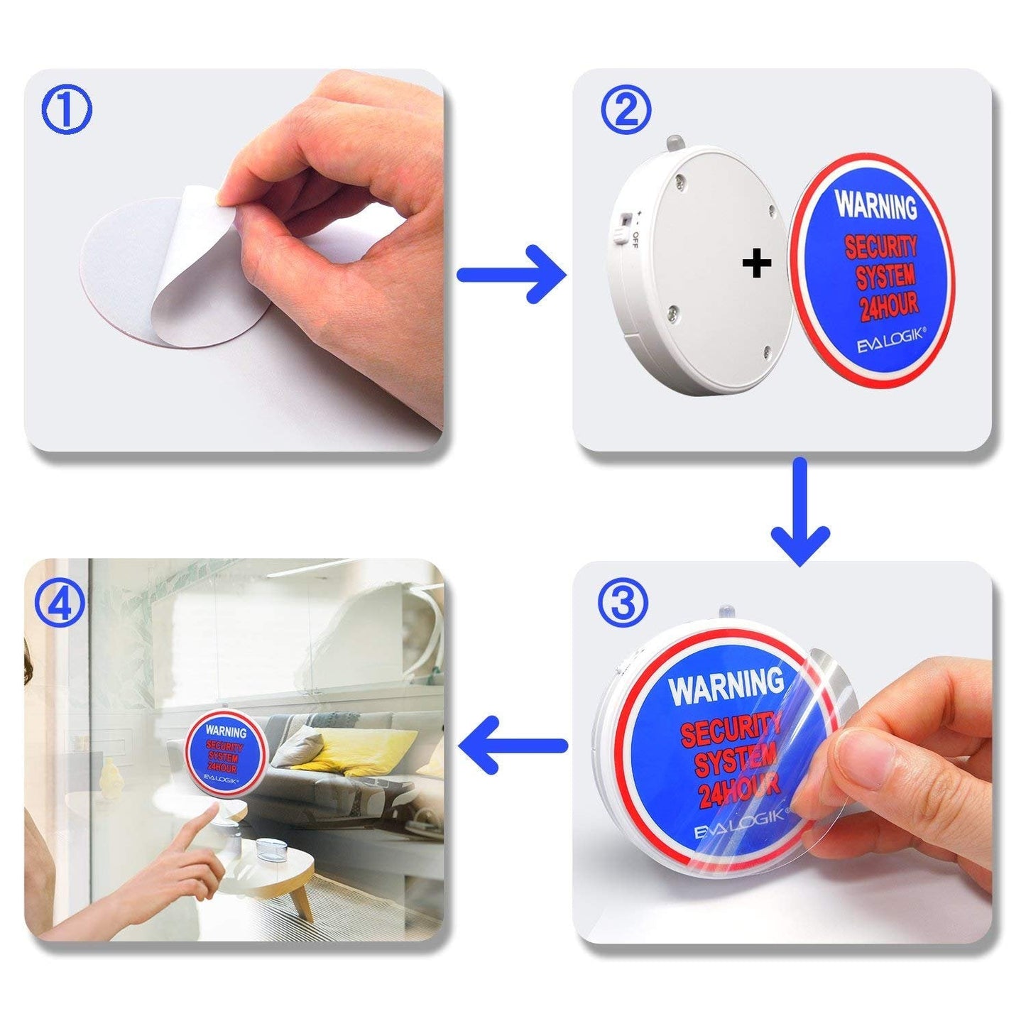 EVA LOGIK Modern Ultra-Thin Window Alarm with Loud 120dB Sound and Vibration Sensors Compatible with Virtually Any Window, Glass Break Alarm Perfect for Home, Office, Dorm Room- 4 Pack