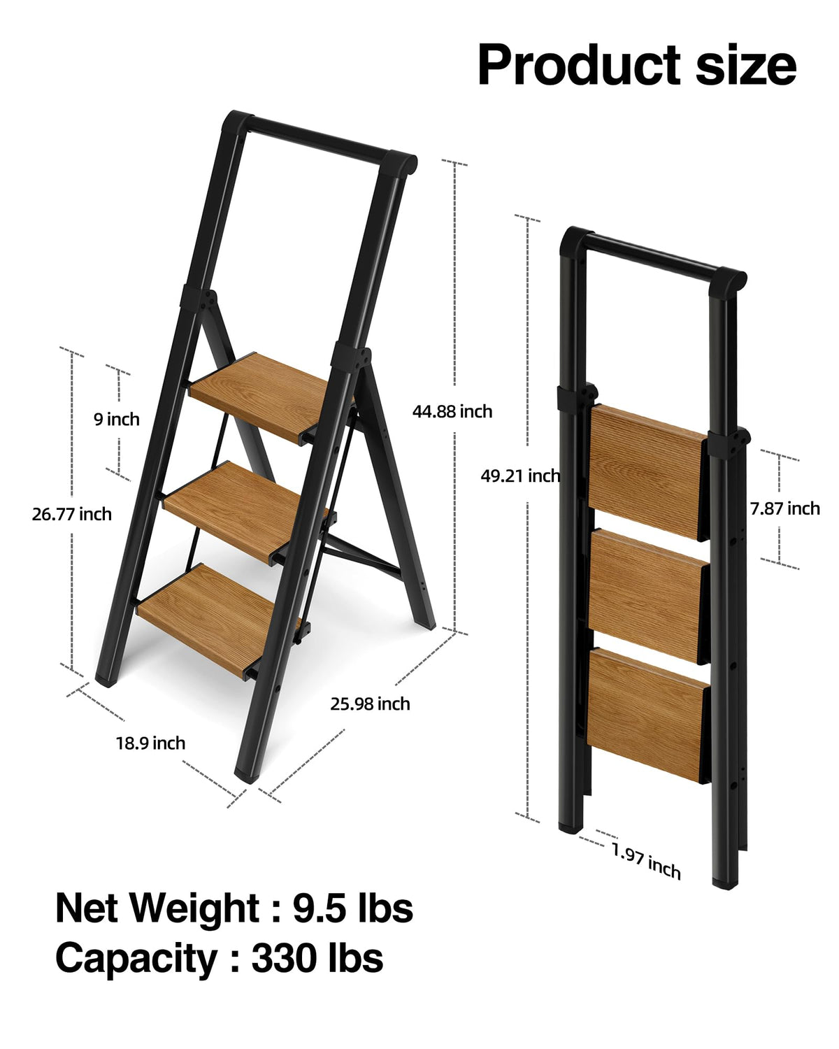 BEFITMACE 3 Step Ladder,Folding Step Stool with Aluminum Wide Pedal& Convenient Handgrip,330lbs Capacity Steel Ladder for Household and Office(Black &Woodgrain)