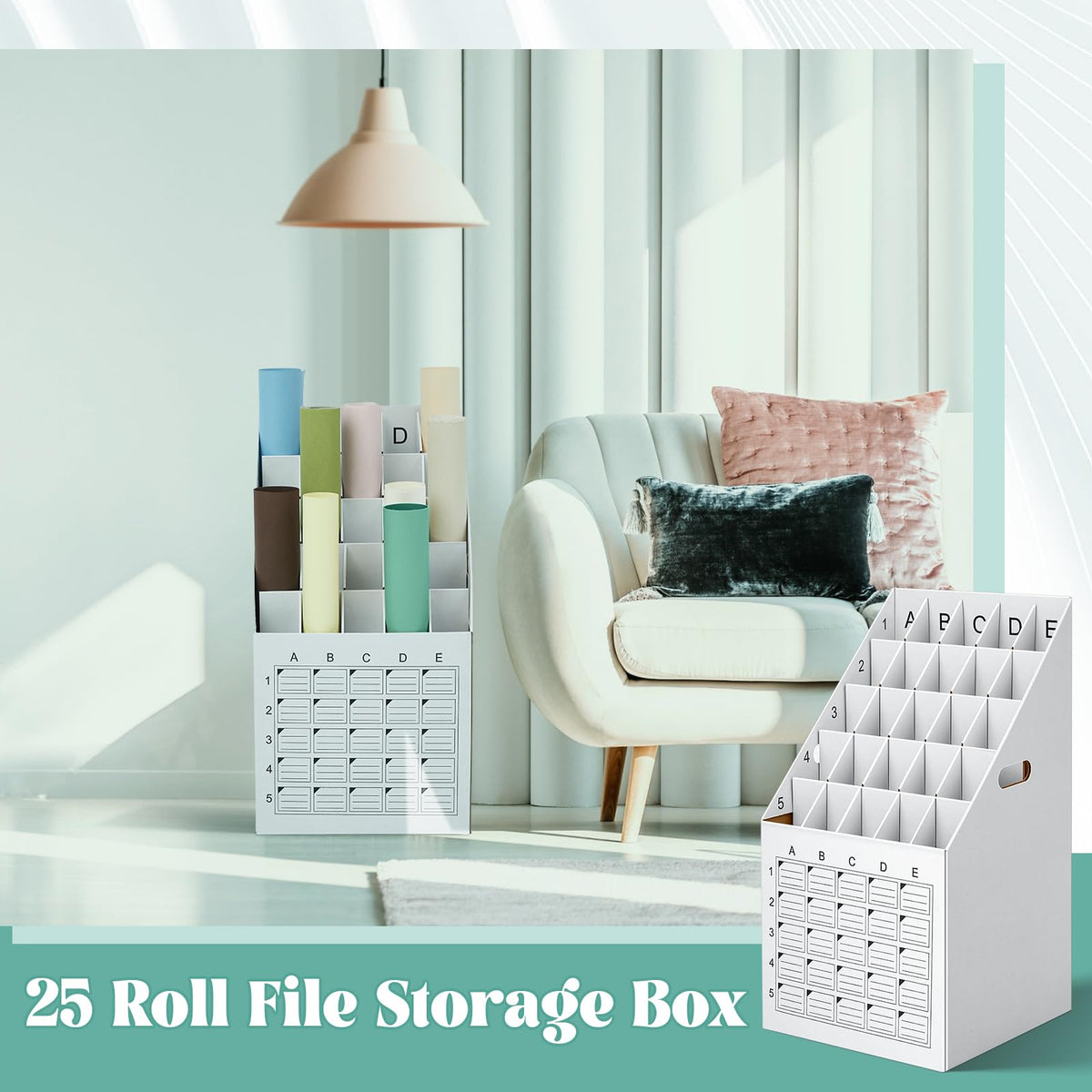 Menkxi 1 Pack 25 Slot Roll File Holder Vertical Blueprint Storage Organizer Corrugated Cardboard Roll File Cabinet Box with Labeling Grid for Office School Poster Map Gift Wrap Architectural Home