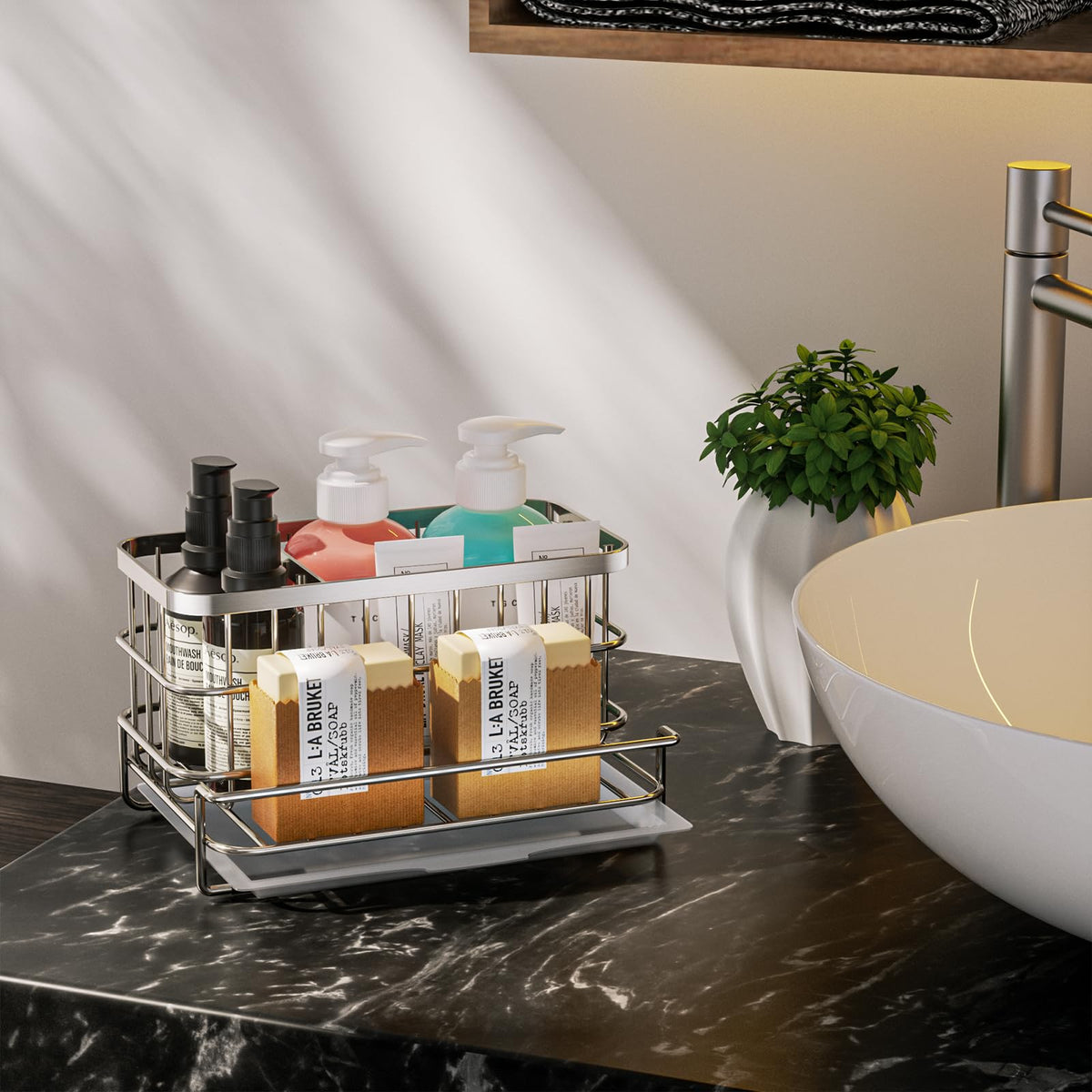 HapiRm Kitchen Sink Organizer, SUS304 Stainless Steel Rustproof Multifunctional Large Sink Caddy with Sponge Holder and Drain Tray for Kitchen Countertop (Silver)