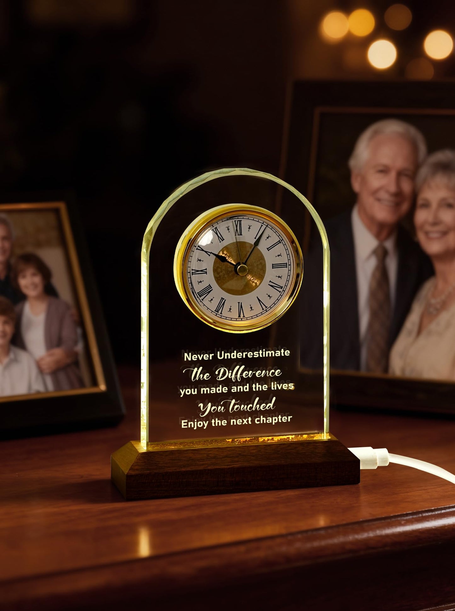 Glass Retirement Clock Gift for Woman Men with Wooden Light Base – Farewell Engraved Plaque for Coworker Boss – Going Away Leaving Gifts – Congratulations Retired Gift Idea for Friends Teacher Doctor