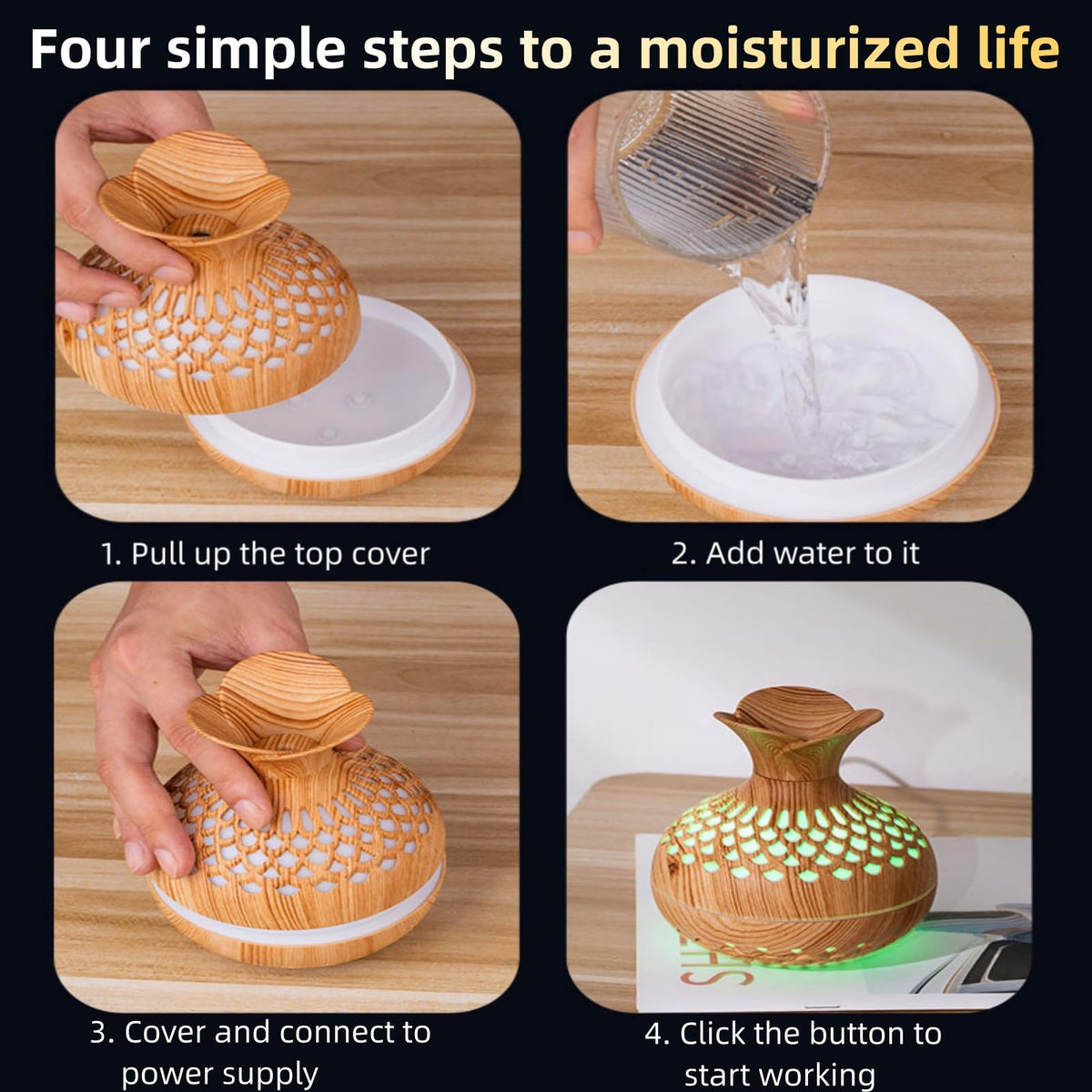 Colorful Cool Mini Humidifier, Flower Shape USB Personal Desktop Humidifier for Car, Office Room, Bedroom,etc. 2 Mist Modes, 7 colors,Super Quiet (Darkwood)