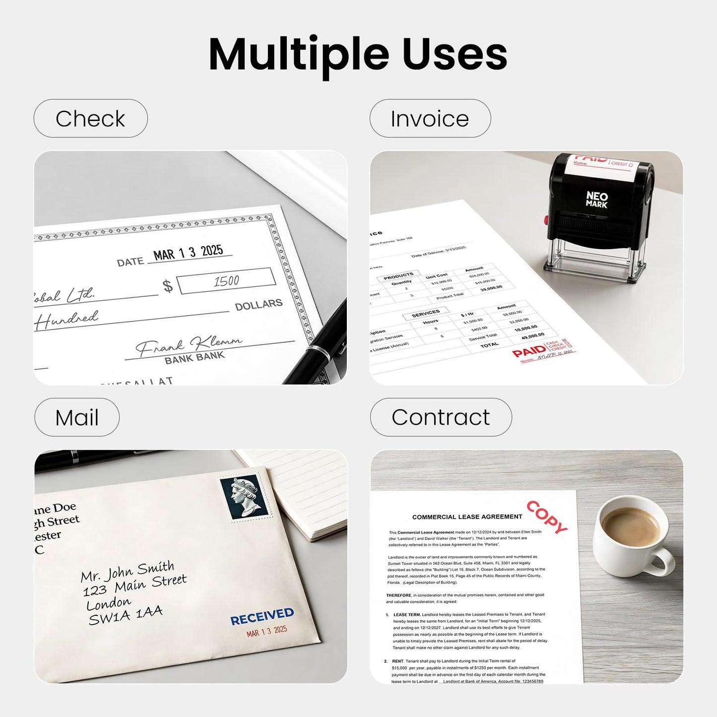 NEO MARK Self-Inking Date Office Stamp with Scanned Blue Ink & Date Red Ink, 12-Year Adjustable Rubber Dater, Ideal for Documents, Business & Accounting - with an Extra Refill Ink Pad