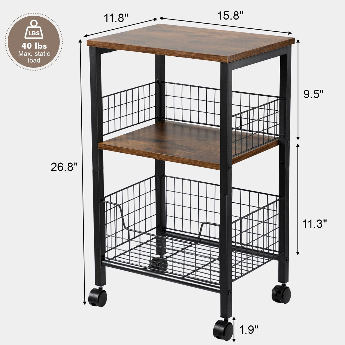 Hadulcet Small End Table, 3-Tier Side Table with Storage Basket, Industrial Style Side End Table for Living Room Bedroom Kitchen Bathroom, Rustic Brown