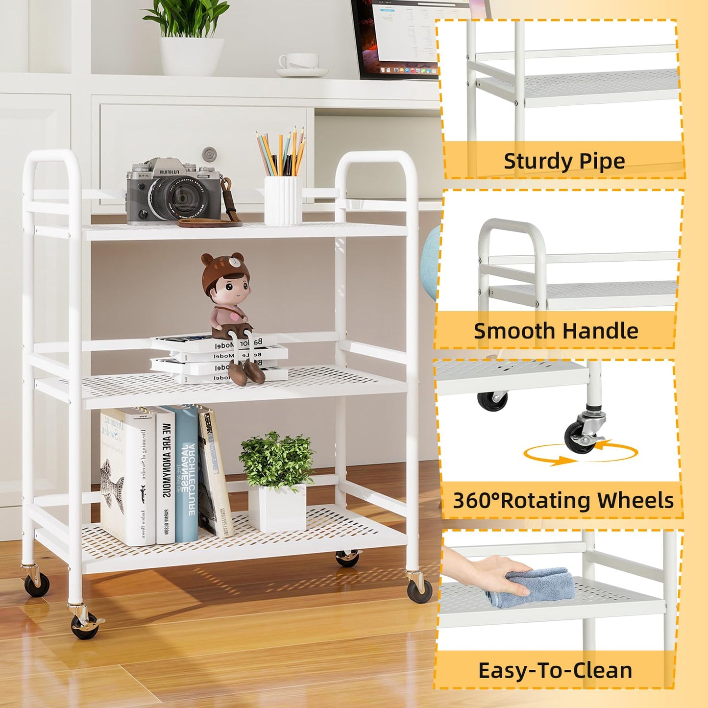 HDANI 3 Tier Metal Rolling Heavy Cart Supports 40 Lbs Per Tier,Mesh Rolling Cart with 2 Lockable Wheels for Office,Home,Bedroom,Kitchen,Bathroom(White)