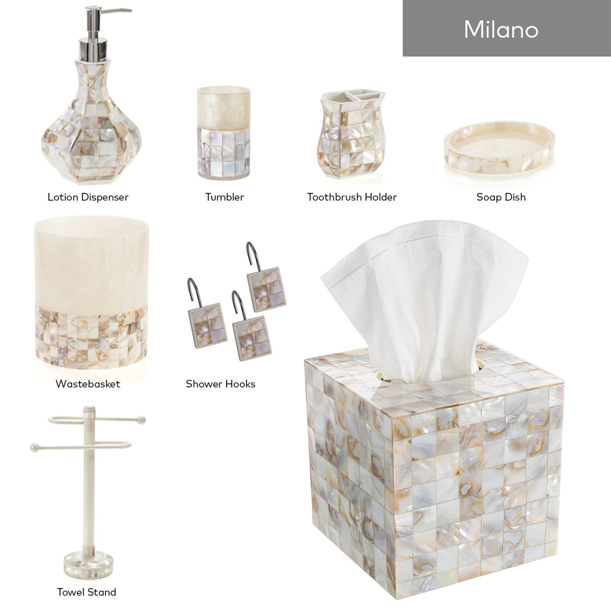 Milano Tissue Box Cover Square – Decorative Tissue Holder for Bathroom - Beautiful Natural Mother of Pearl Capiz Shells Tissue Box Holder - Cube Tissue Box Cover with Durable Bottom Slider