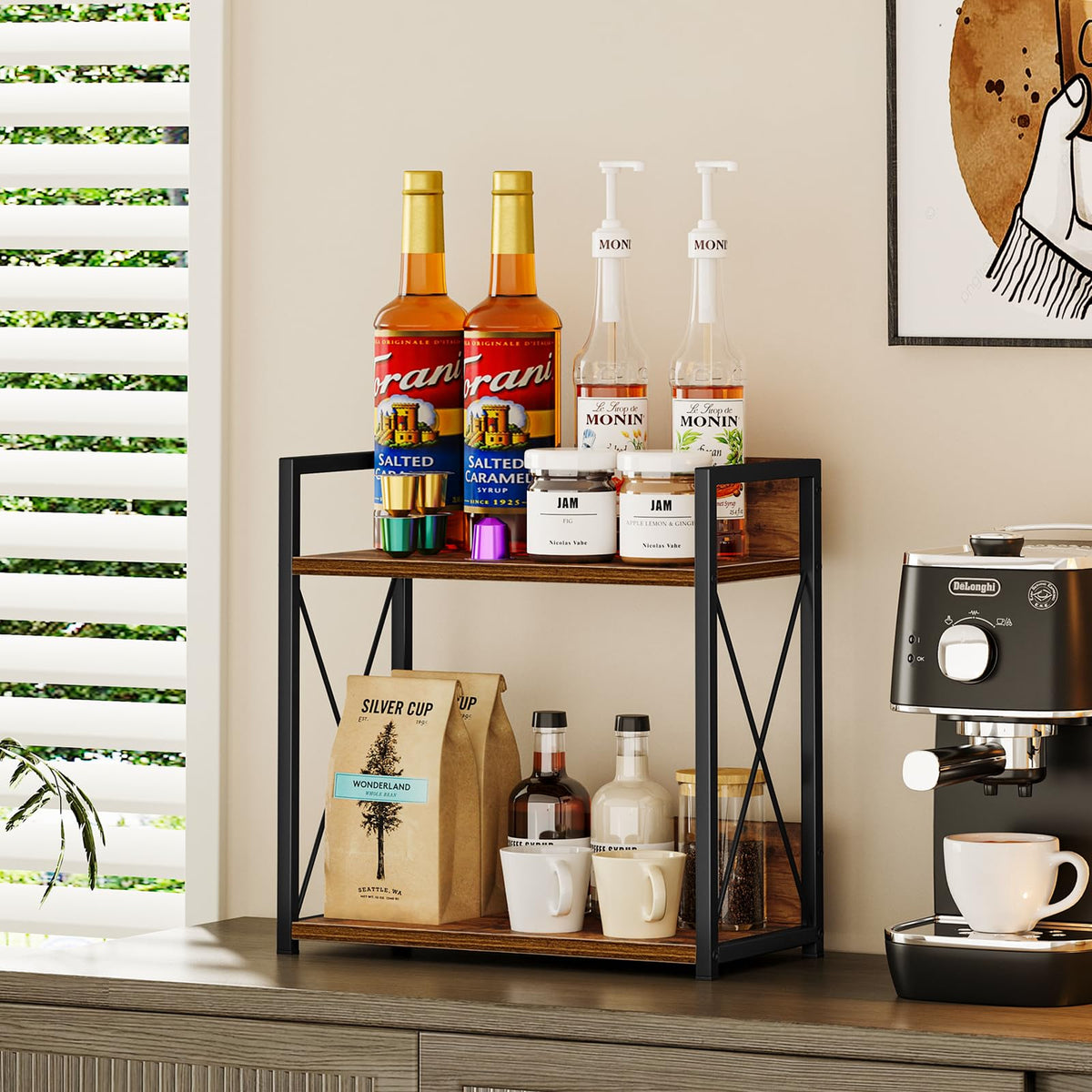 Giikin Kitchen Counter Shelf, Kitchen Countertop Organizer, 2 Tier Spice Rack for Counter, Wood Coffee Bar Organizer for Coffee Station (Brown, L)
