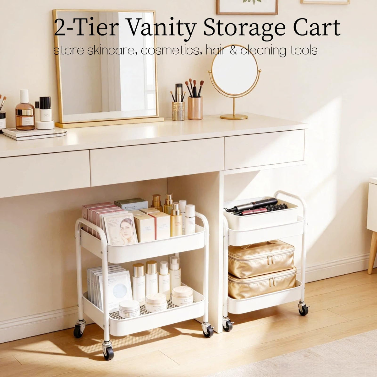 Ufriandz Under Desk Storage Cart 2 Tier Utility Rolling Cart with Wheels, Small Metal Mobile Trolley with Handle Two Tiered Utility Organizer Roller for Kitchen Office Bathroom Pantry Room, White