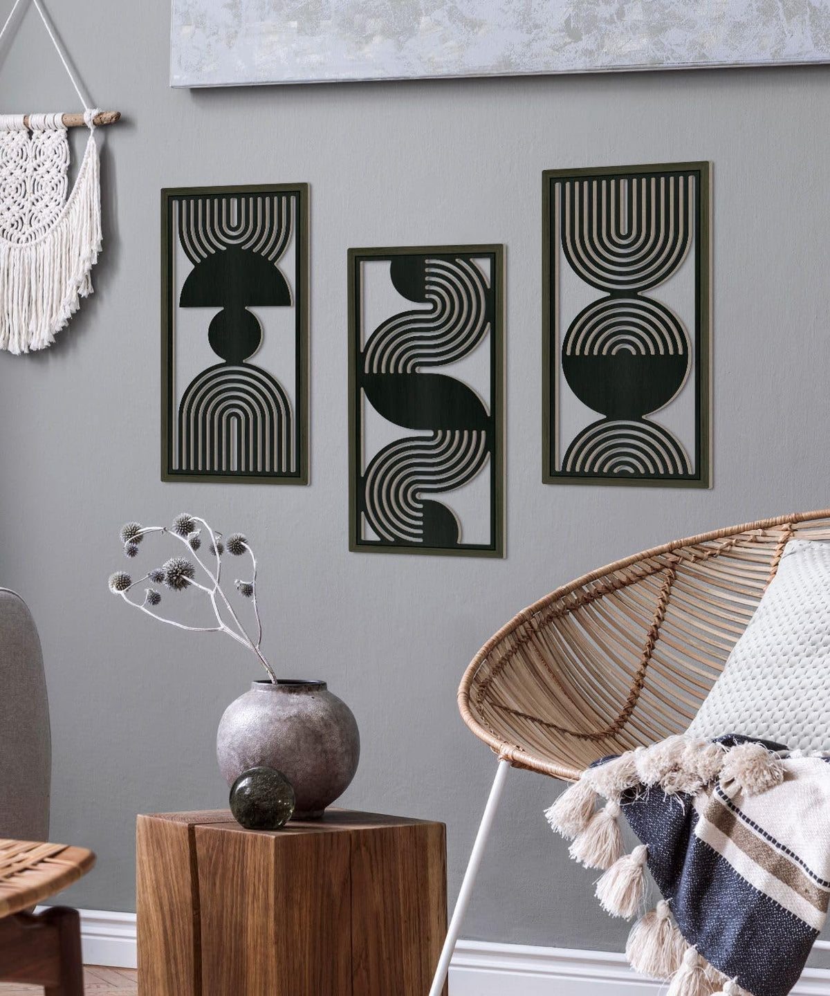 Putuo Decor Modern Minimalist Wall Art Set of 3, Black and Gray MDF Cut-Out Geometric Line Panels, Abstract Vertical Art for Living Room Bedroom Office Wall Decor