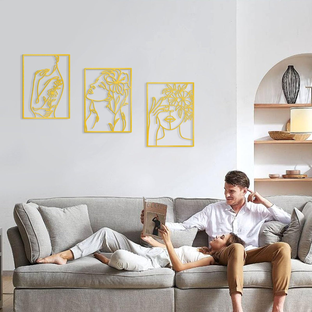 KOYILTD 3 Pcs Minimalist Gold Wall Decor Female Body Minimalist Line Wall Art Modern Aesthetic Home Decoration Abstract Wall Art for Home Living Room Bedroom Bathroom (Elegant, Gold, Large)