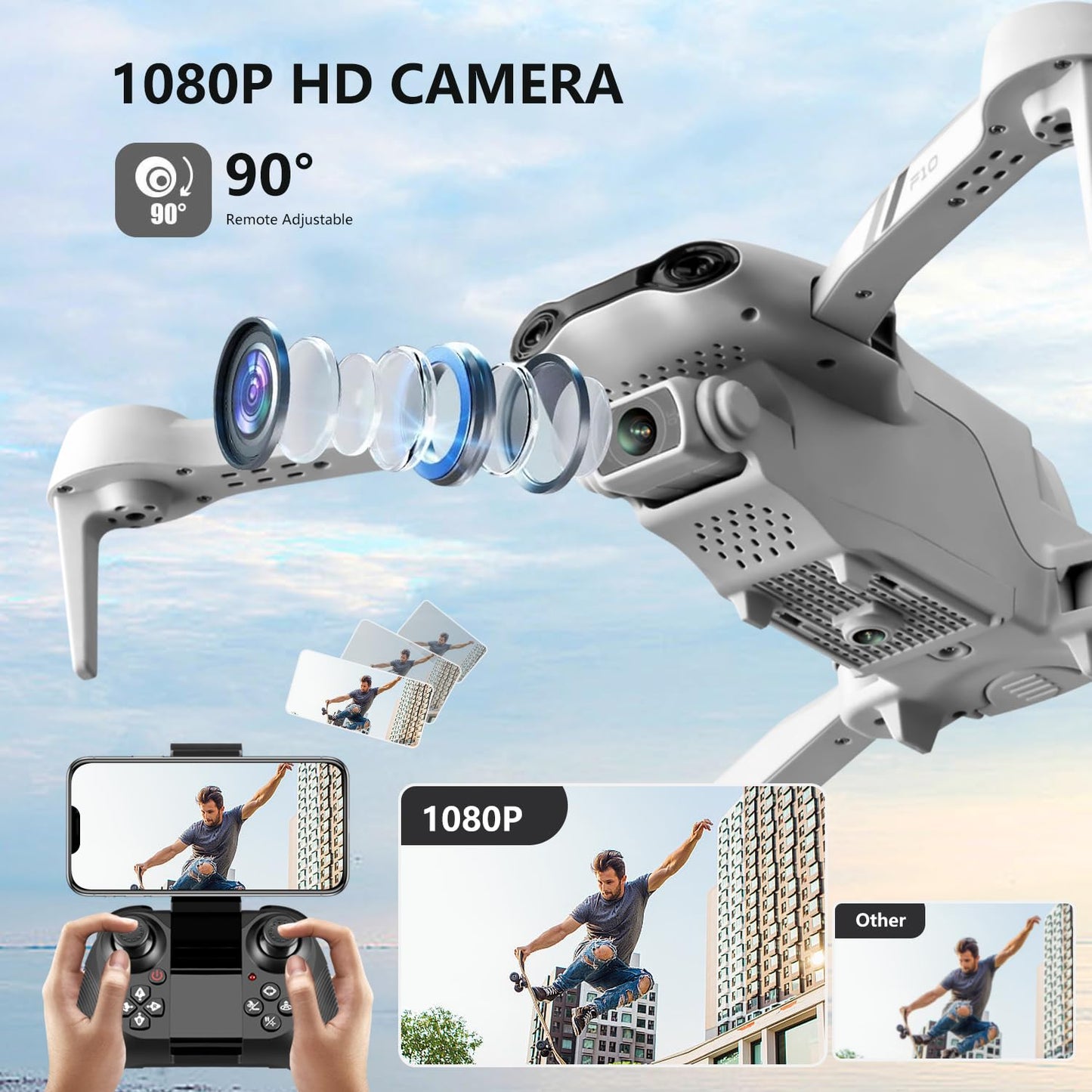 DRONEEYE F10 Foldable Drone with Camera for Adults, Brushless Motor, 1080P HD FPV Live Video, Altitude Hold,Headless Mode,3D Flips, Trajectory Flight, App Control,One Key Start, RC Quadcopter for kids with 2 Batteries
