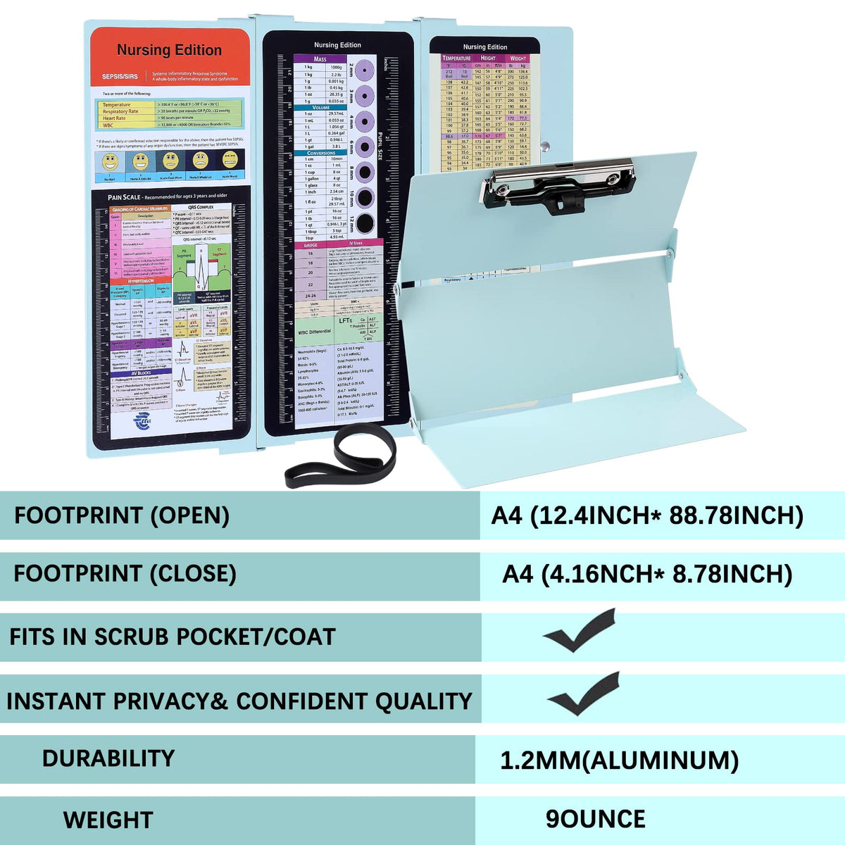 Nursing Clipboard Foldable Pocket Size-Nursing Edition Cheat Sheets Aluminum 3 Layers Foldable Clipboard Nursing Nurse Clipboard Foldable fits in Nurses Doctors(Mint)