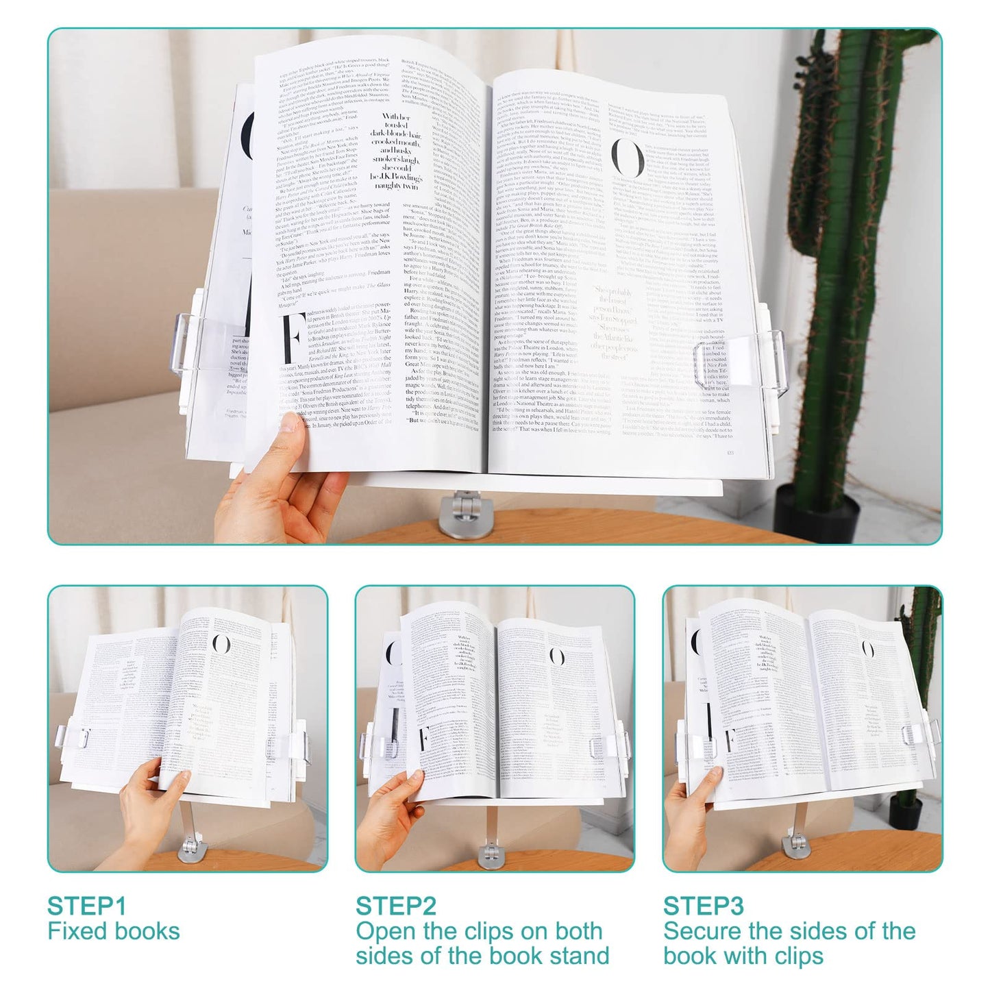 PATIKIL Book Stand for Reading, Metal Reading Rest Book Holder with Page Clips, Height Angle Adjustable, 360° Rotating Arm Suitable for Sheet Music, Laptop