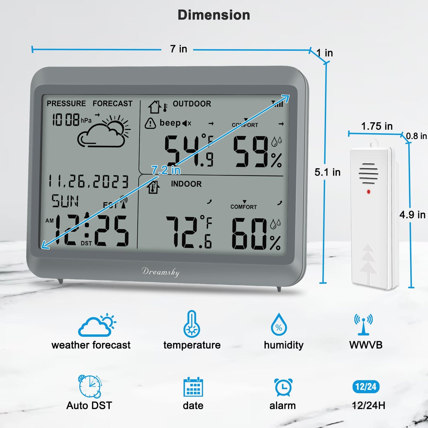 DreamSky Weather Station Indoor Outdoor Thermometer Wireless - Atomic Clock with Indoor/Outdoor Temp, Date & Day, Battery Powered, Home Weather Forecast Clock with Inside Outside Temperature Humidity