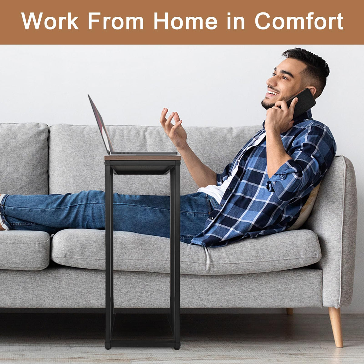 fusehome C-Shaped End Table, for Living Room, Bedroom, Small Spaces, TV Tray Couch Side Tables Laptop Table, Rustic Brown and Black