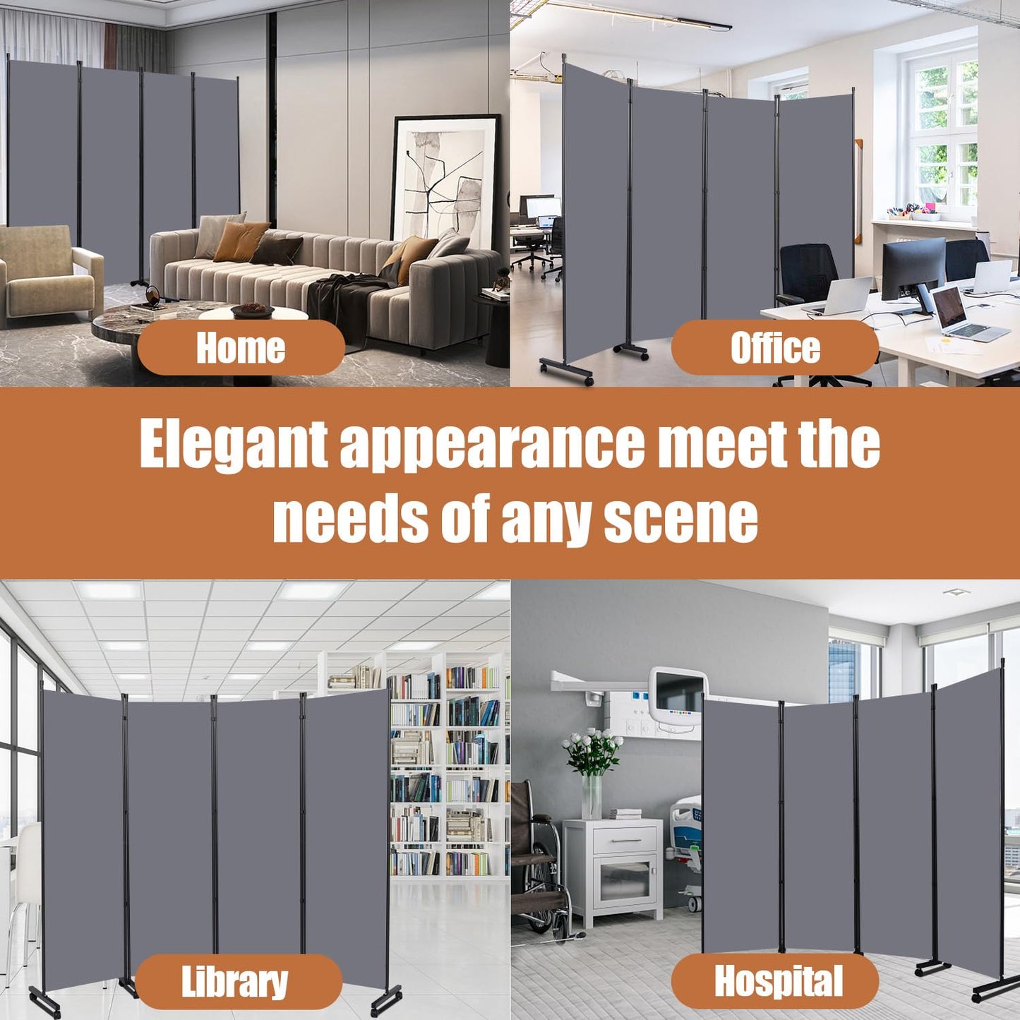 Room Divider Portable 88'' Partition Room Dividers and Folding Privacy Screens 4 Panel Wall Divider for Room Separation,Freestanding Fabric Room Divider Panel with Wheels for Home Office Hospital