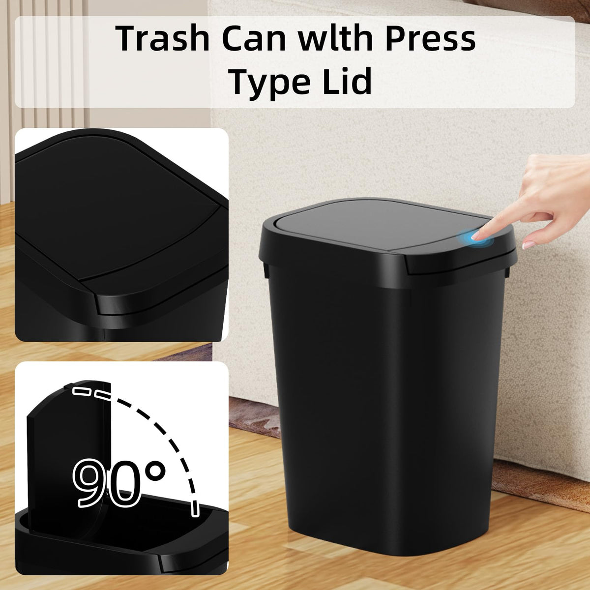 KSSKSS 3 Pack Bathroom Small Trash Can with Lid, 2.6 Gallon Slim Garbage Bin with Pop-Up Lid, 10L Plastic Wastebasket for Bedroom, Office, Kitchen, Toilet (Matte Black)