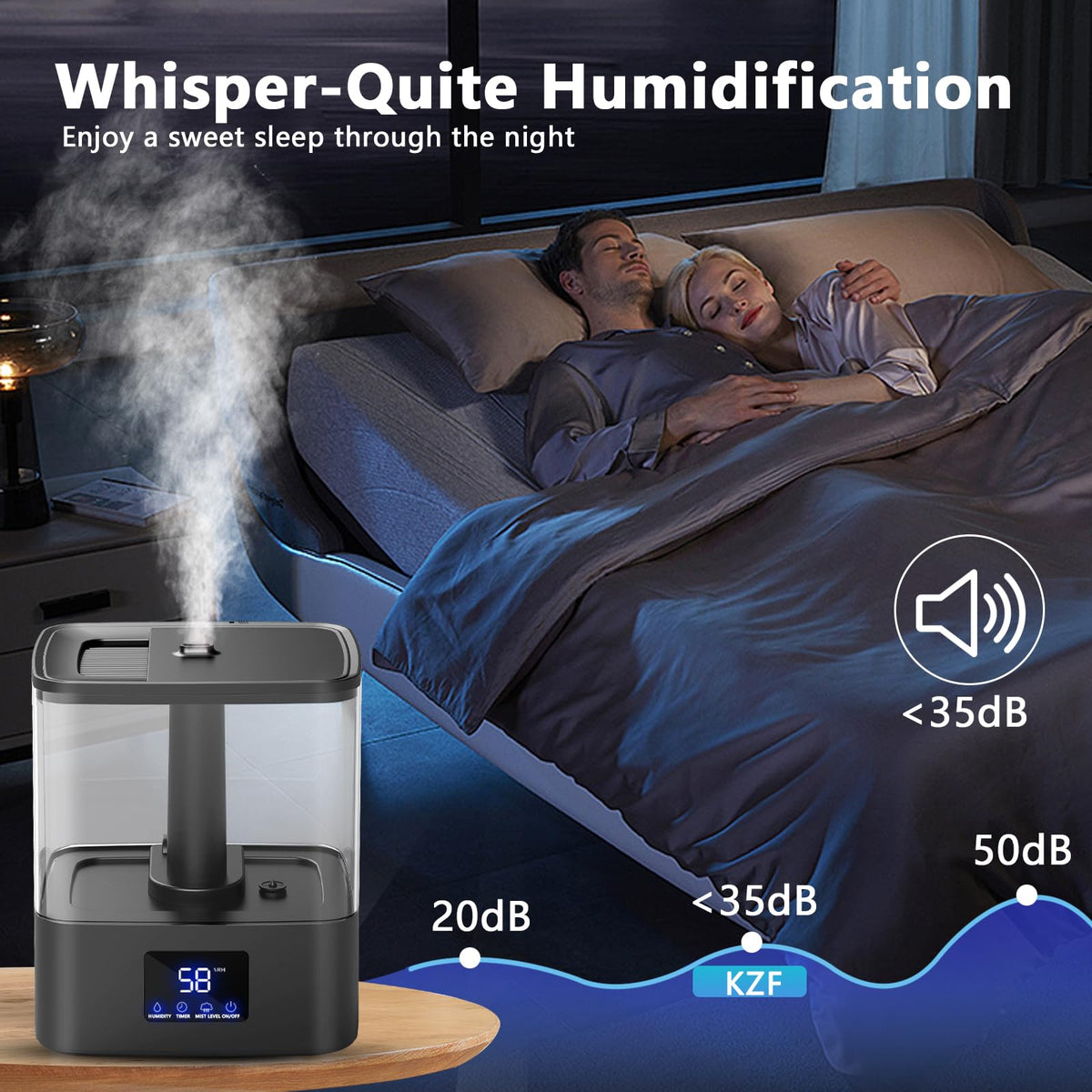 KZF 4L Top Fill Humidifiers for Bedroom & 60H Runtime - Cool Mist Humidifier, 3 Mist Levels, 8H Timer, Essential Oil Tray, Humidity Display, Quiet for Bedroom, Baby, Plants, Large Room (Black, 6L)