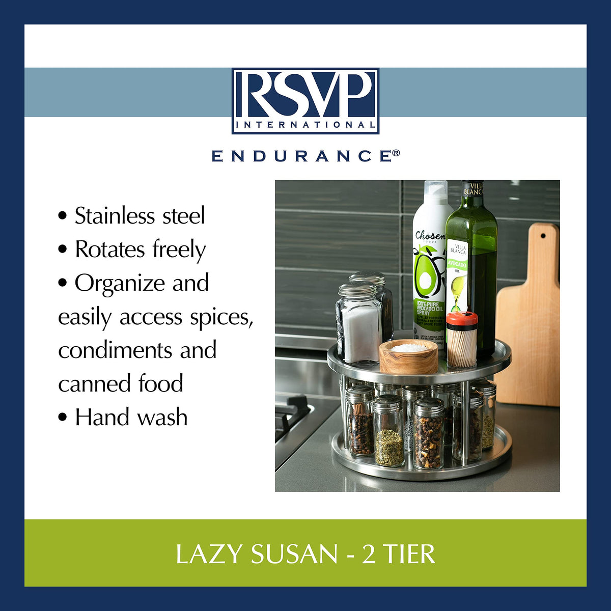 RSVP International Two-Tier Turntable Lazy Susan | Handy in Cabinet, Refrigerators & Counters | Organize Spices, Canned Foods, Pots, Pans, Dinnerware, 10.5" x 6", Stainless Steel