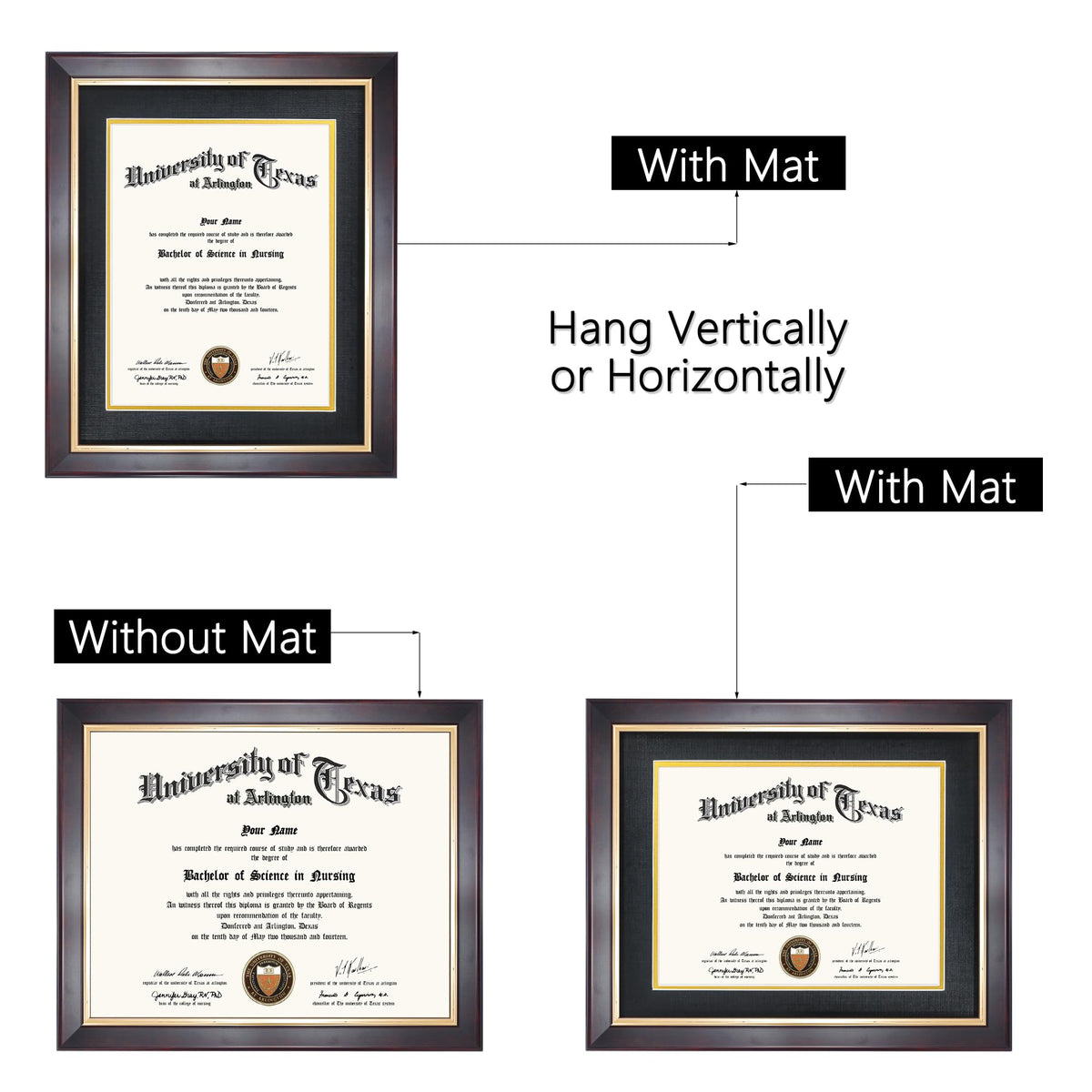 GMFrames 8.5x11 Wood Diploma Frame with Black Mat or Display 11x14 Certificates without Mat,Tempered Glass,Deep Brown Finish with Gold Trim