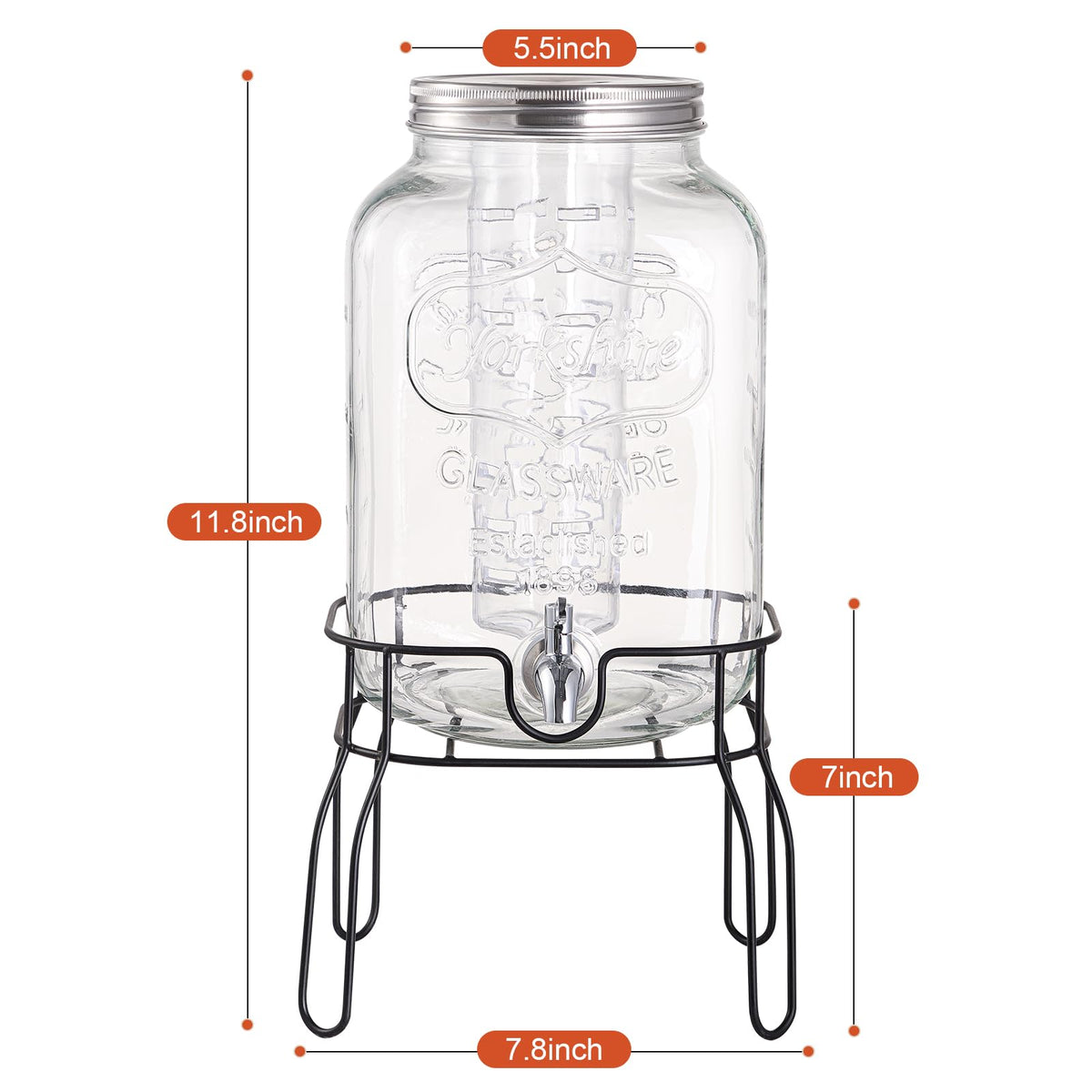 2 Gallon Glass Drink Dispensers for Parties, Beverage Dispenser with Stand, Fruit Infuser and Stainless Steel Spigot 100% Leakproof, Beverage Dispenser for Lemonade Sun Tea