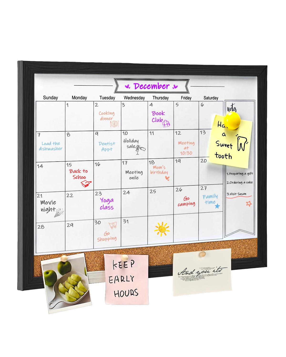 Dry Erase Calendar Whiteboard for Wall, Magnetic 13" x 17" Combination Dry Erase Board & Bulletin Board, 2in1 White Board Cork Board Combo(Black)
