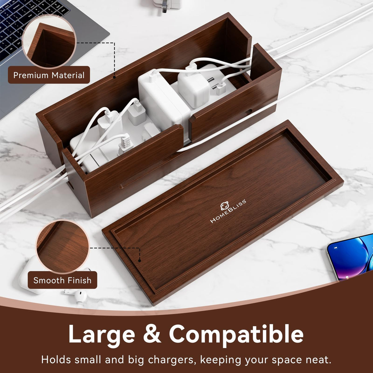 HomeBliss Large Cable Management Box-Stylish Wire Organizer, Wire Concealer and Wire Management Box-Wire Management Box with Protective Sleeve (Brown)