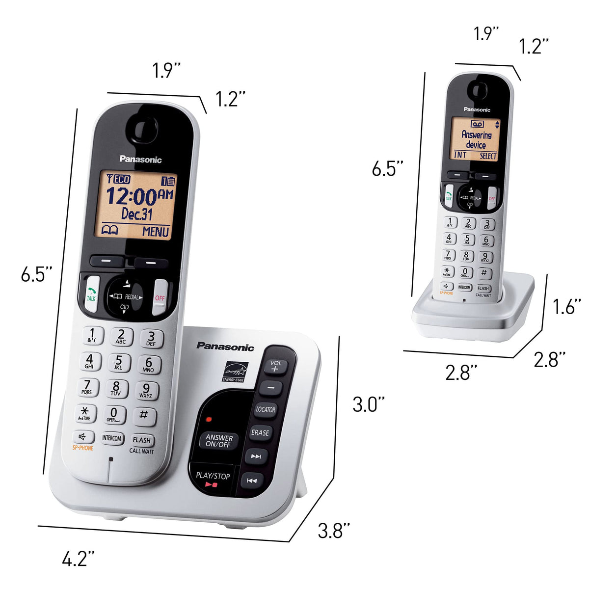 Panasonic Cordless Phone with Answering Machine DECT 6.0 Expandable, Call Block and Caller ID - 2 Cordless Handsets - KX-TGC222S (Silver)