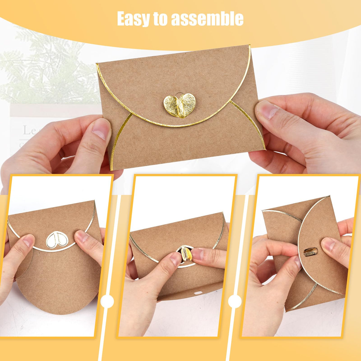 JOHOUSE 50PCS Mini Gift Card Envelopes, 4 x 3 Inch Brown Gift Card Holders with Gold Border & Heart Clasp, for Thank You Cards, Wedding, Birthday, Business Cards