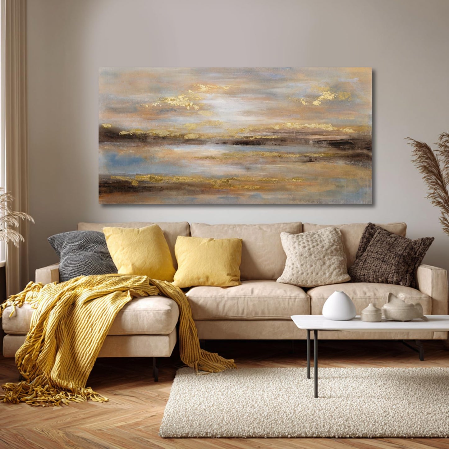 NBAODAN Abstract Wall Art for Living Room Gold and Orange Wall Decor for Living Room Large Neutral Art Pictures Modern Artwork 29x58 Inch Bedroom Dining Room Decorations