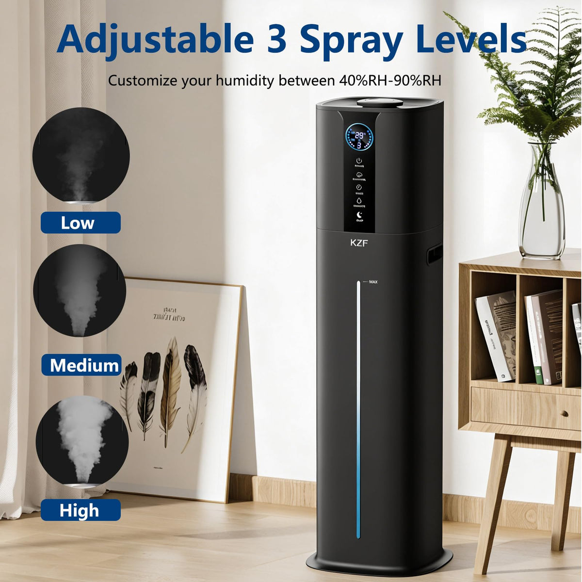 KZF 9L Smart Humidifiers for Bedroom Large Room, 2.3Gal Cool Mist Top Fill Diffuser App & Remote Control, 3 Mist Modes, Quiet Humidifier for Home Office Plant (Black, Remote Control)
