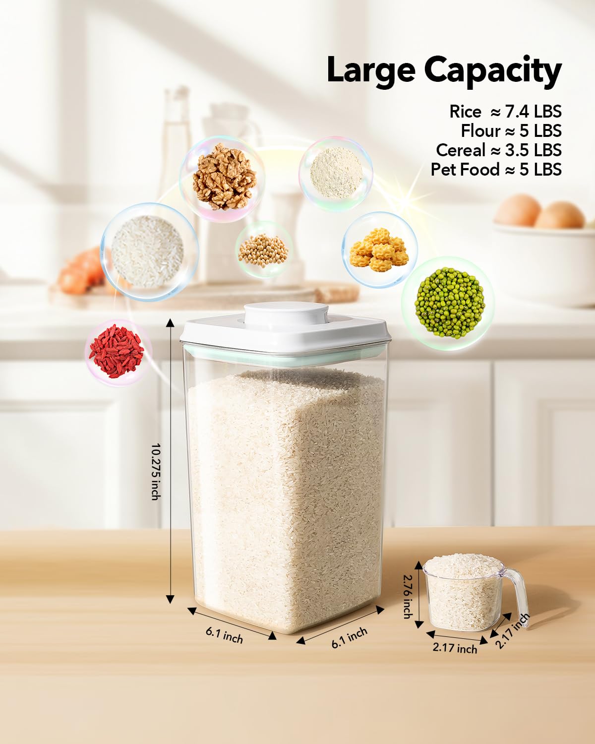 Ankou Airtight Pop Food Storage Container with Lid & 130ml Scoop, 4L/4.2qt BPA-Free Cereal, Rice, Flour, Pasta & Snack Container, Stackable & Durable,Kitchen Pantry Organizer
