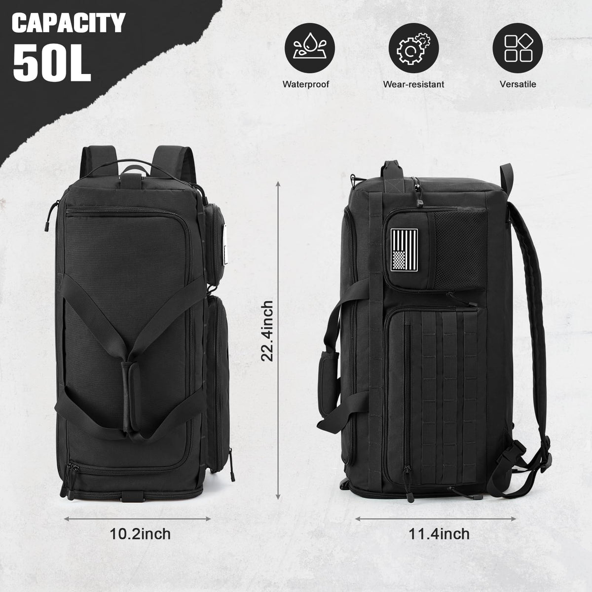 G4Free 3-in-1 Travel Duffle Bag for Men and Women, 50L Large Gym Sports Bags Tactical Military Duffle Backpack with Shoes Compartment and Wet Pocket (Black)