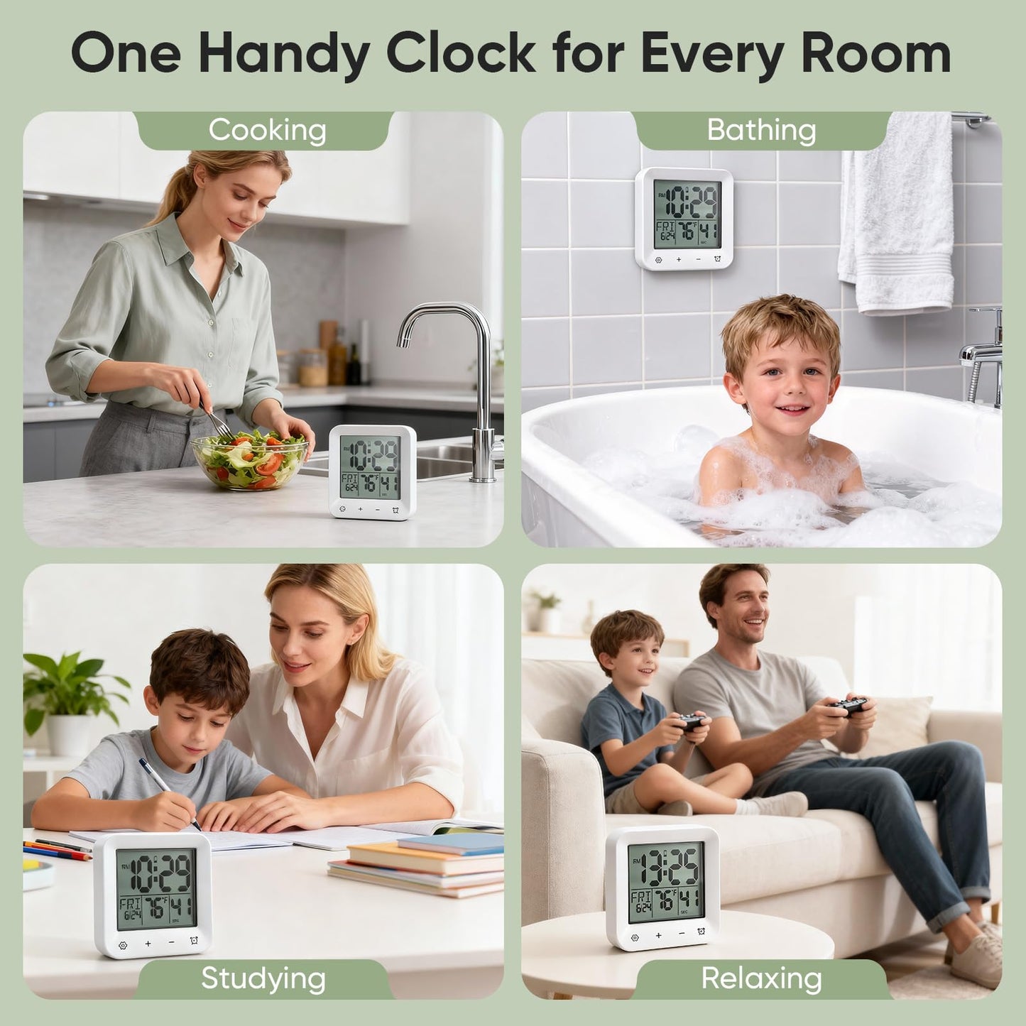 onannos Bathroom Clock Waterproof Shower Timer, Digital Wall Clock with Countdown, Touch Screen, LCD Display, Temperature, Suction Cup/Hanging Hole/Stand, Spa Sauna, Kids and Adults I White