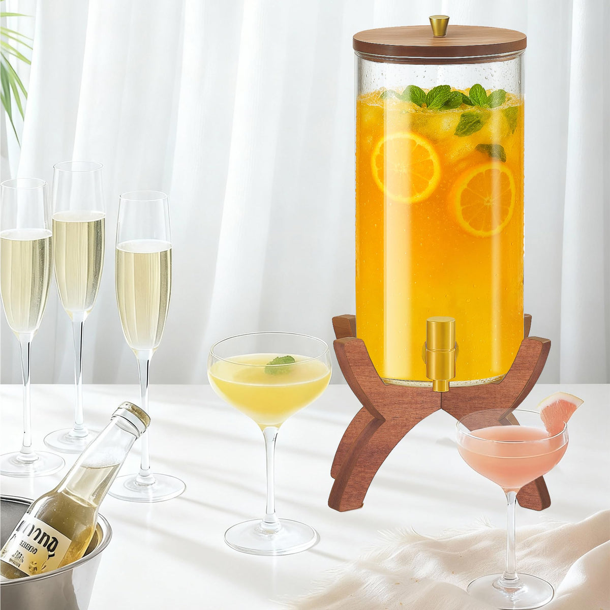 VERSSURE Glass Drink Dispenser,1.5 Gallon Beverage Dispenser with Stand,Lemonade Dispenser with Stainless Steel Faucet,Drink Dispensers for Parties, Bars and Home (Cross Stand)