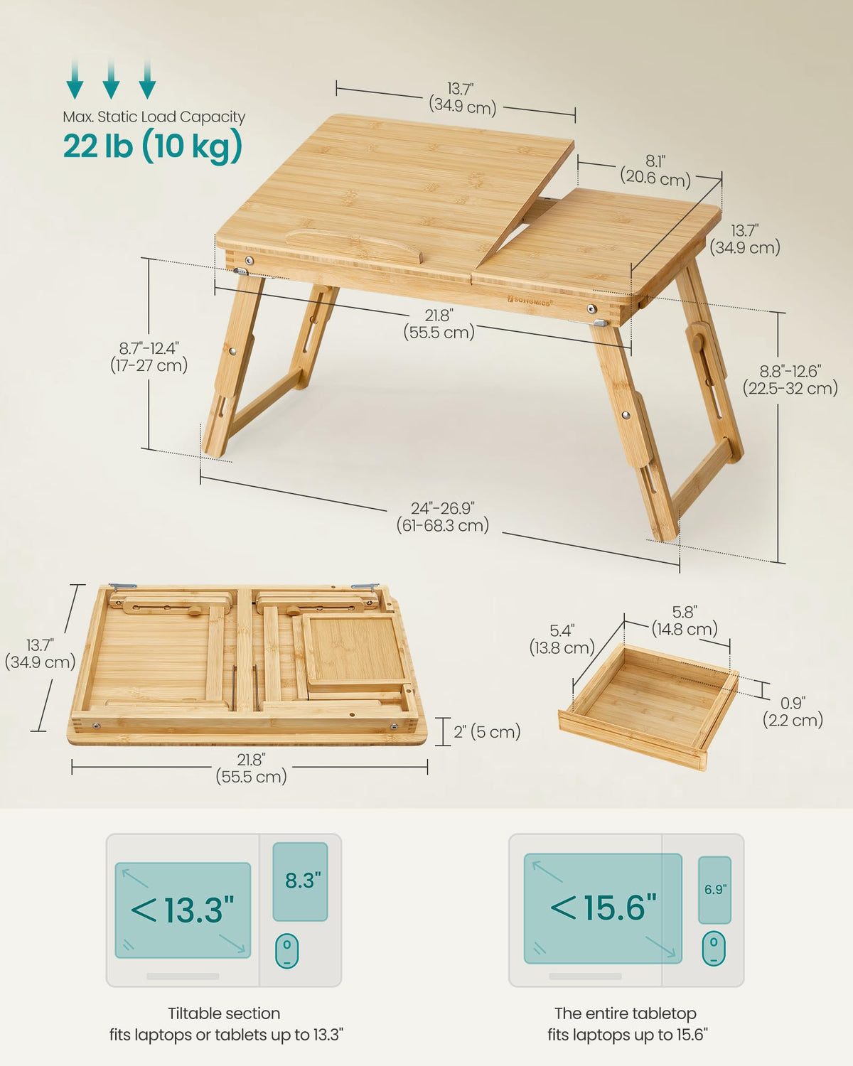 SONGMICS Bed Laptop Desk, Folding Bed Tray for Laptop up to 15.6 Inches, Adjustable Angle and Height, Portable for Working Reading Writing Breakfast, Bamboo, Drawer, Light Bamboo ULLD01N