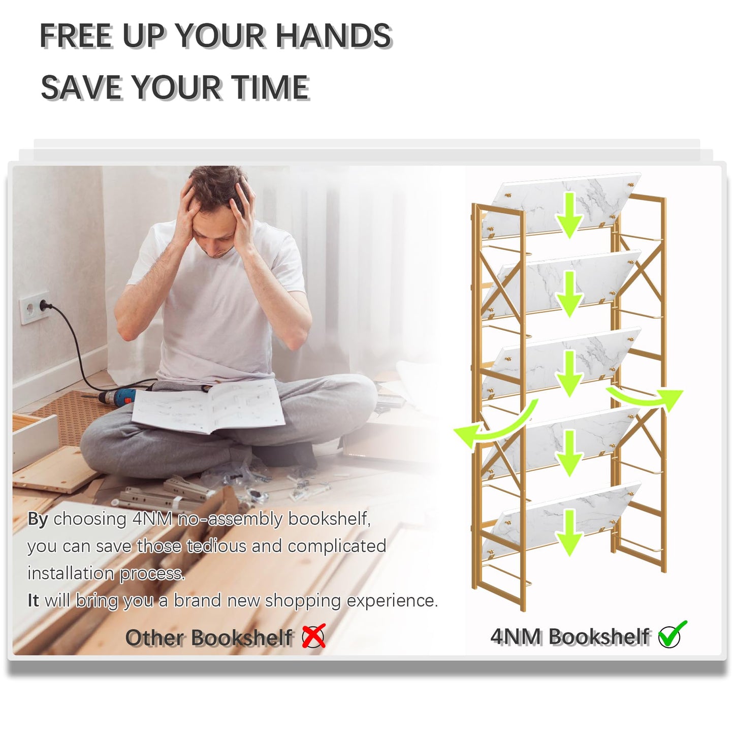 4NM 5 Tiers No Assembly Book Shelves, 51.2" H Folding Bookshelf Bookcase Open Industrial Foldable Shelves for Bedroom, Living Room, Home Office - White Gold