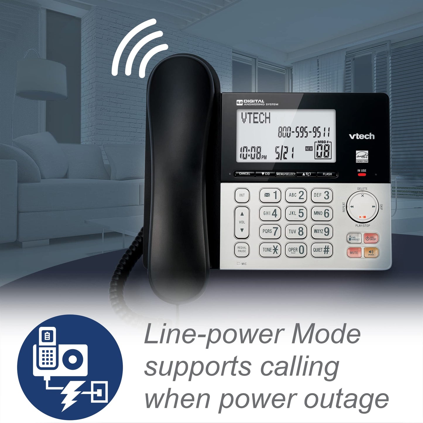 VTech VG208 DECT 6.0 Corded/Cordless Phone with Answering Machine, Call Blocking, Caller ID, Large Backlit Display, Full-Duplex Speakerphone - Silver/Black