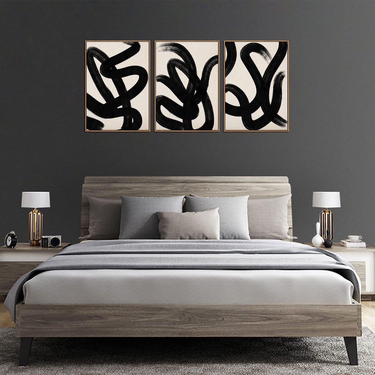 Framed Wall Art Canvas Set Abstract Lines Pictures Modern Mid Century Boho Wall Decor Minimalist Abstract Black Stroke Lines Canvas Painting Artwork Living Room Bedroom Home Office 20"x28"x3 Natural