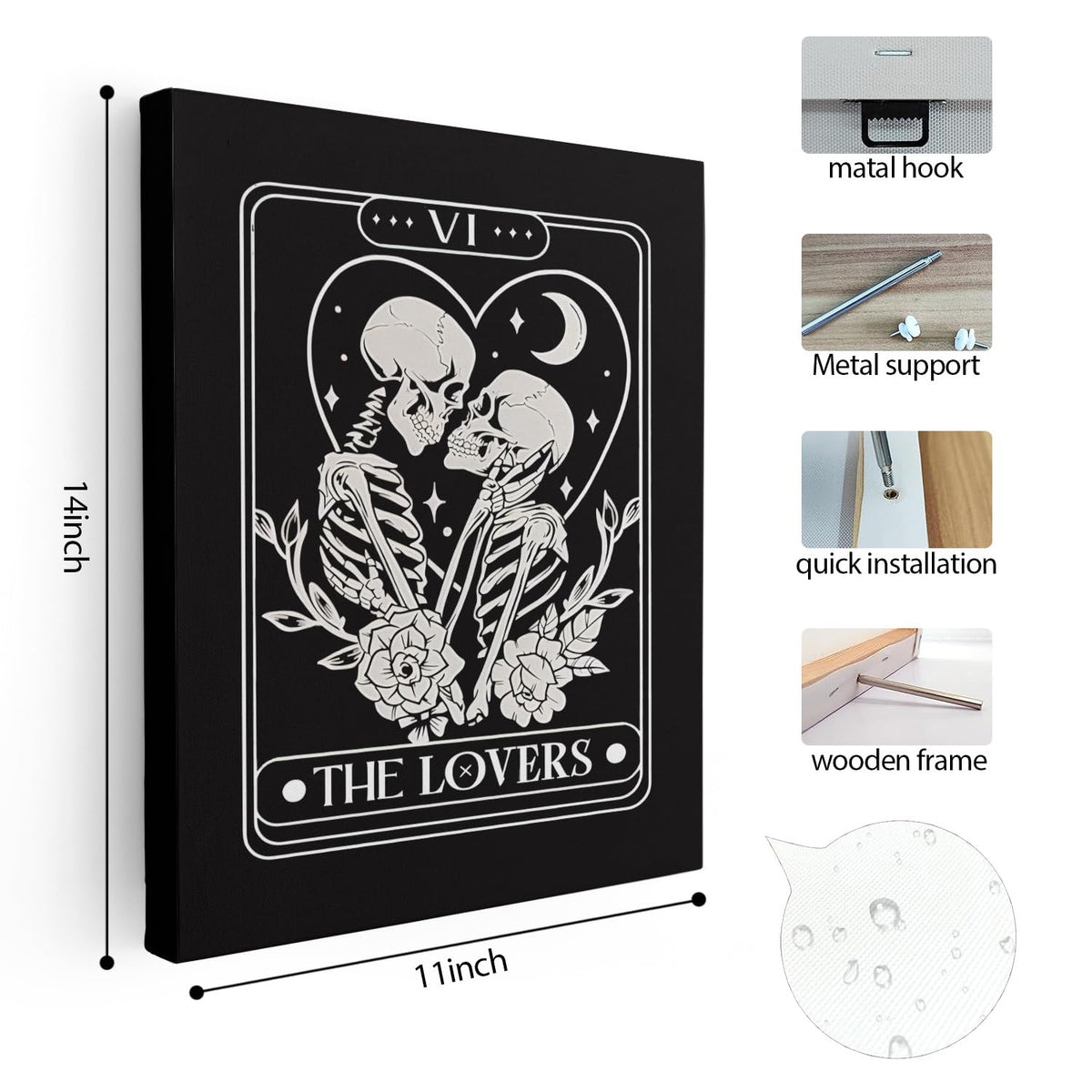 APJYM Gothic Skeleton Wall Decor, Tarot Card the Lover Canvas Wall Art, Gothic Halloween Witchy Room Decor, Witch Stuff, 11x14 Inches Framed