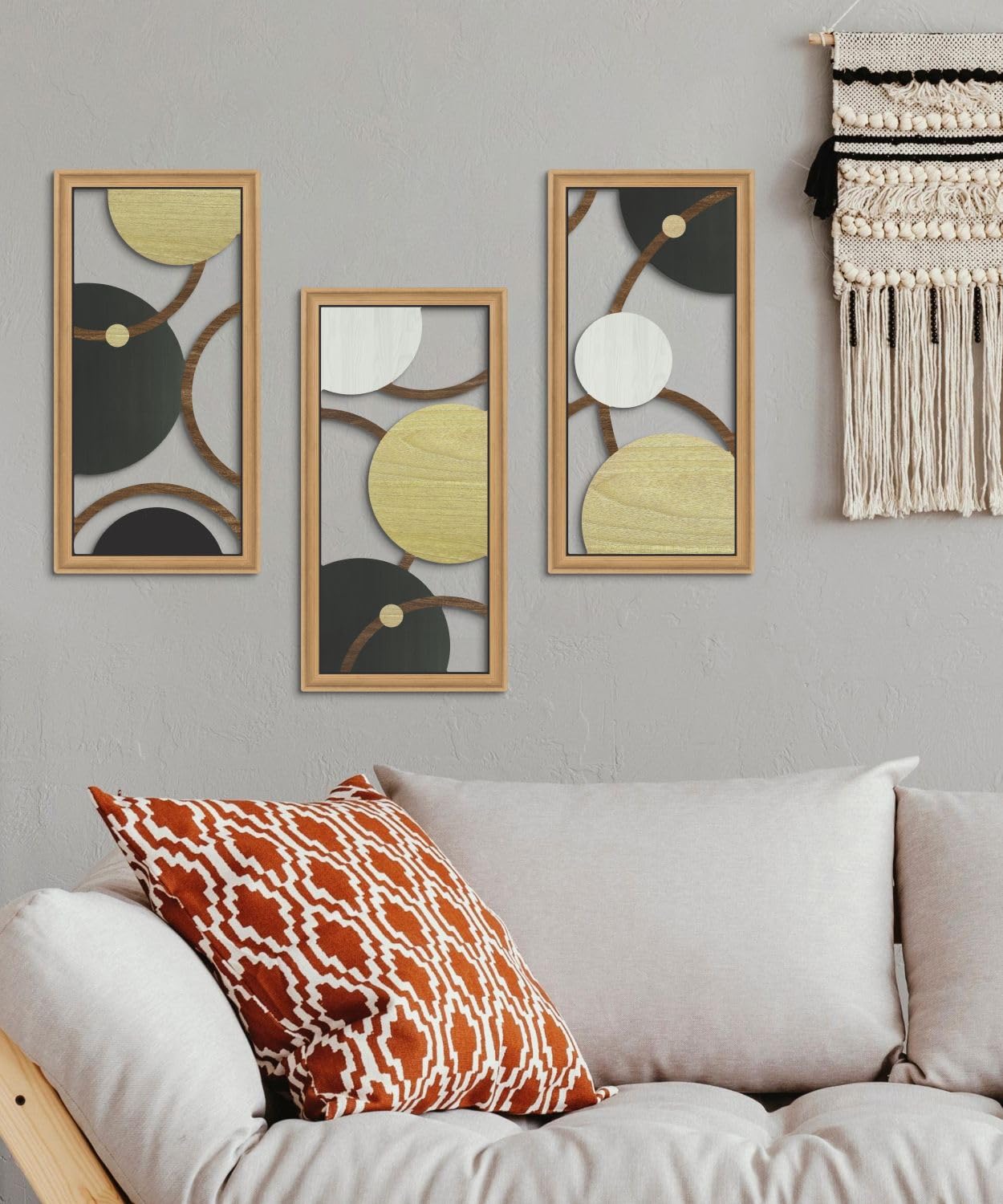 Putuo Decor Modern Geometric Cut-Out Wall Art Set of 3, Black Gold Circle Wall Panels for Living Room Bedroom Office, 3D Layered Abstract Metal Look Wall Decor