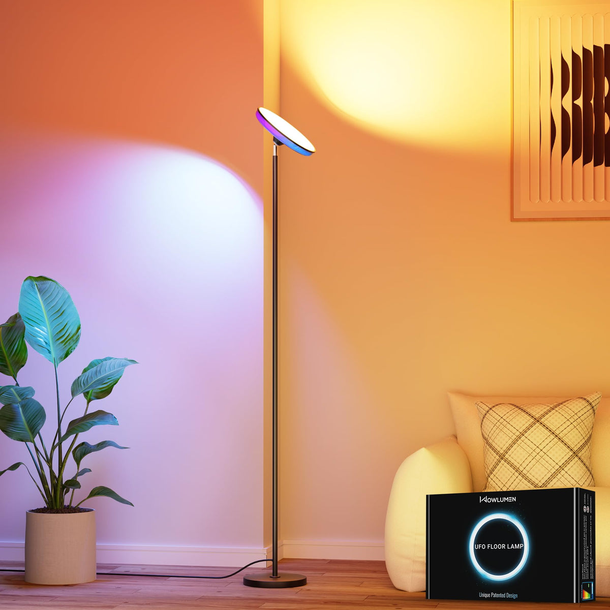 UFO LED Torchiere Floor Lamp with RGB Ambient Light, 42W 3700LM Bright Dimmable Sky Lamp,71in Modern Tall Standing Lamp with Remote Touch Control&Timer,for Living Room Bedroom Office Gaming Room,Black
