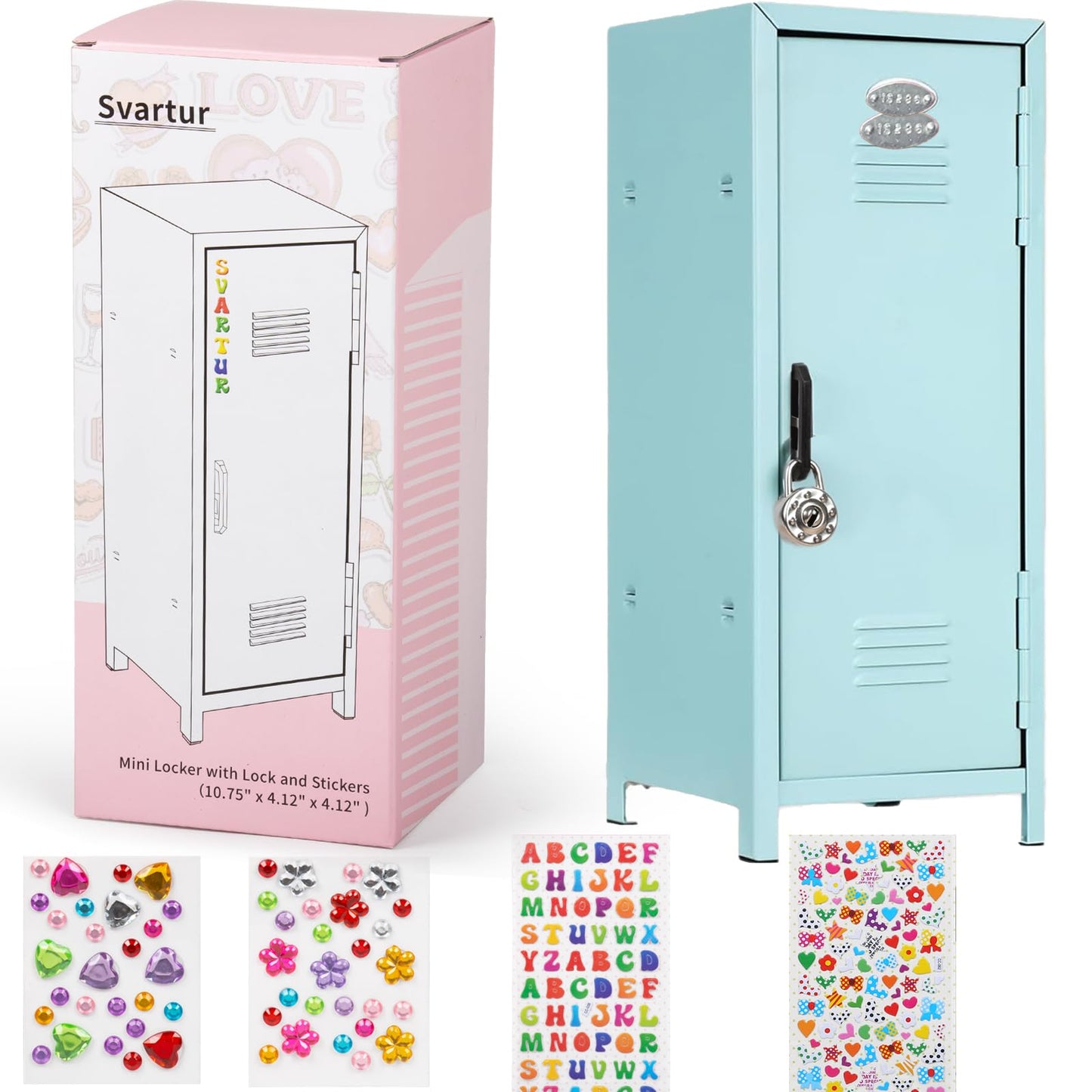 Svartur Mini Locker with Lock & Keys, Stickers, Metal Small Locker for Desktop, Girls Lockbox Desktop Storage Organizer, Money Safe and Cash Lock Box for Girls Safe, Light Blue