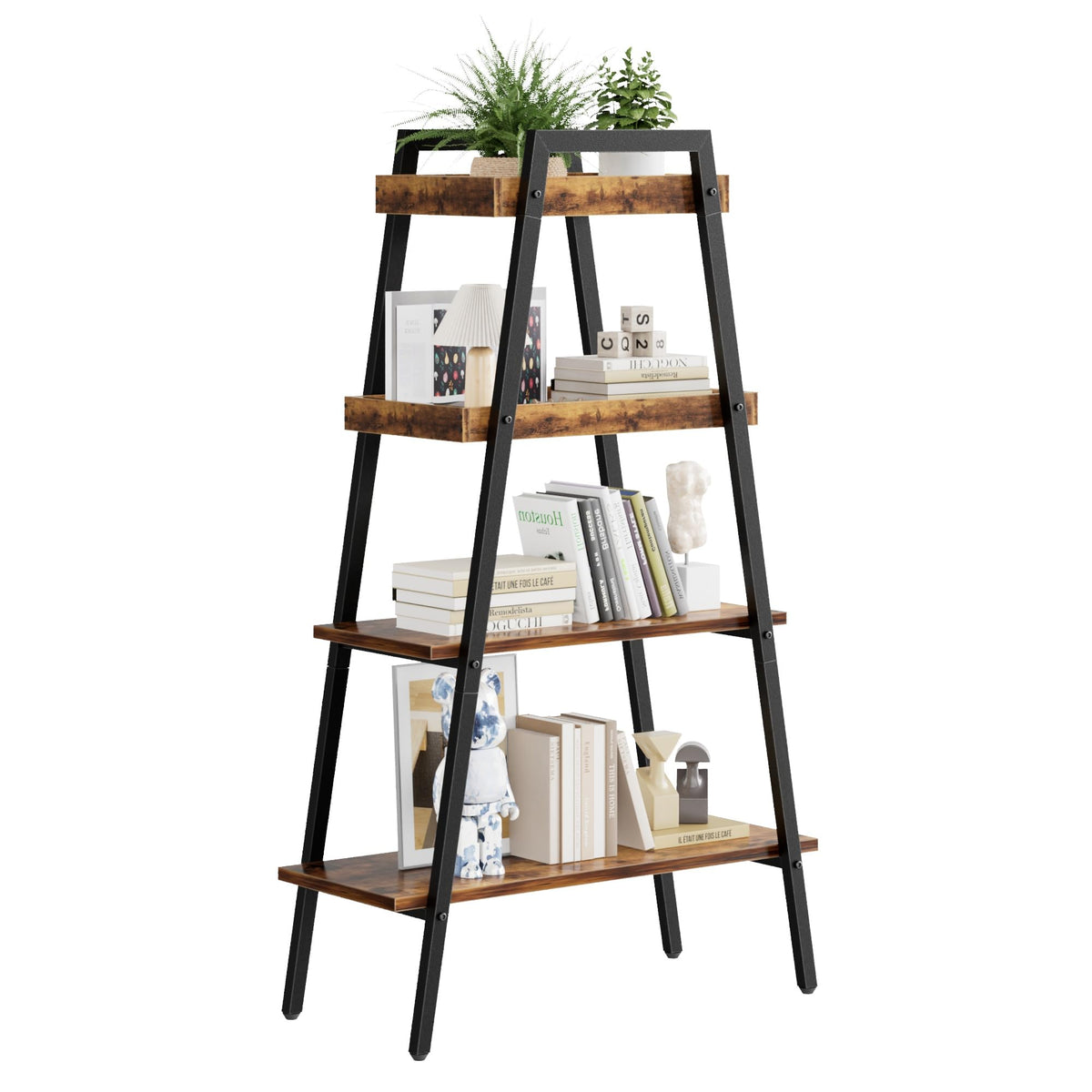 VECELO Book Shelf, 4 Tier Wooden Ladder Bookcase with Metal Frame, Enclosed Edges Combined with Open Display, Decorative and Plant Stand for Living Room/Farmhouse/Bedroom/Home Office-Brown