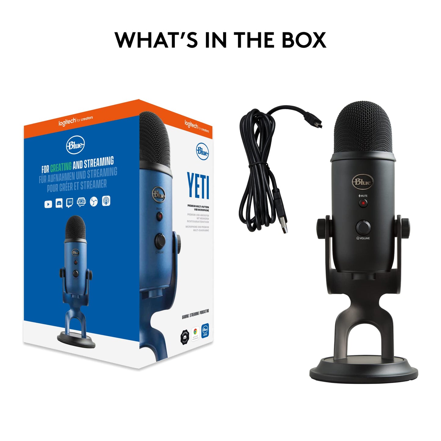 Logitech Creators Blue Yeti USB Microphone for PC, Mac, Gaming, Recording, Streaming, Podcasting, Studio and Computer Condenser Mic with Blue VO!CE effects, 4 Pickup Patterns, Plug and Play - Blackout