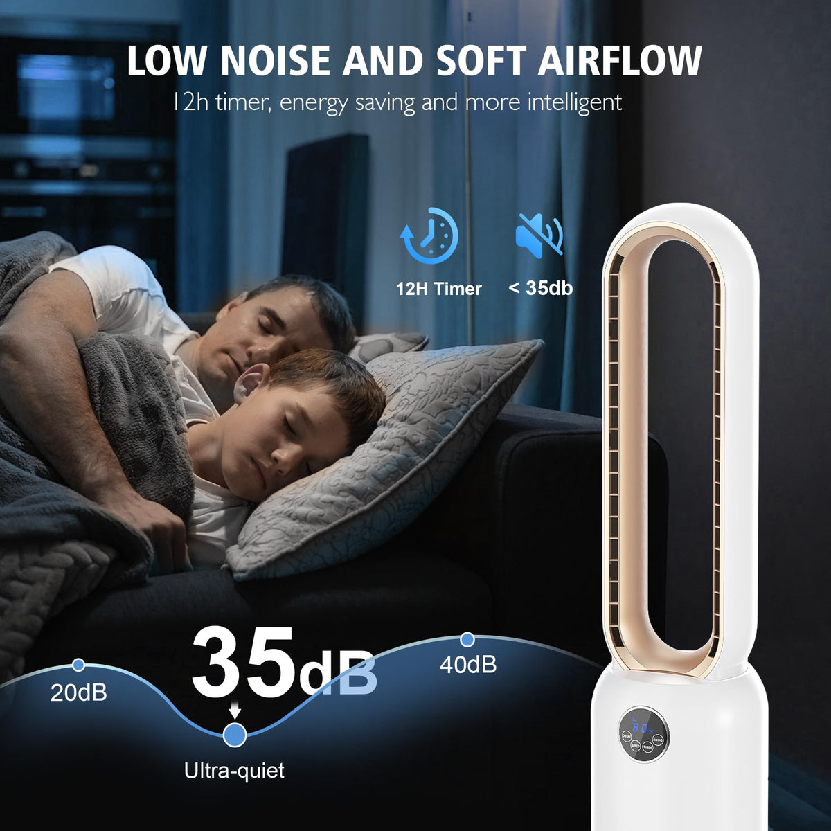 MOMOKOVA Bladeless Tower Fan for Bedroom, Powerful 26ft/s Airflow, 24 Speeds, 90° Oscillation, 12H Timer, Standing Fans with Remote, Quiet Bladeless Cooling Fan for Home Office Room, White Gold