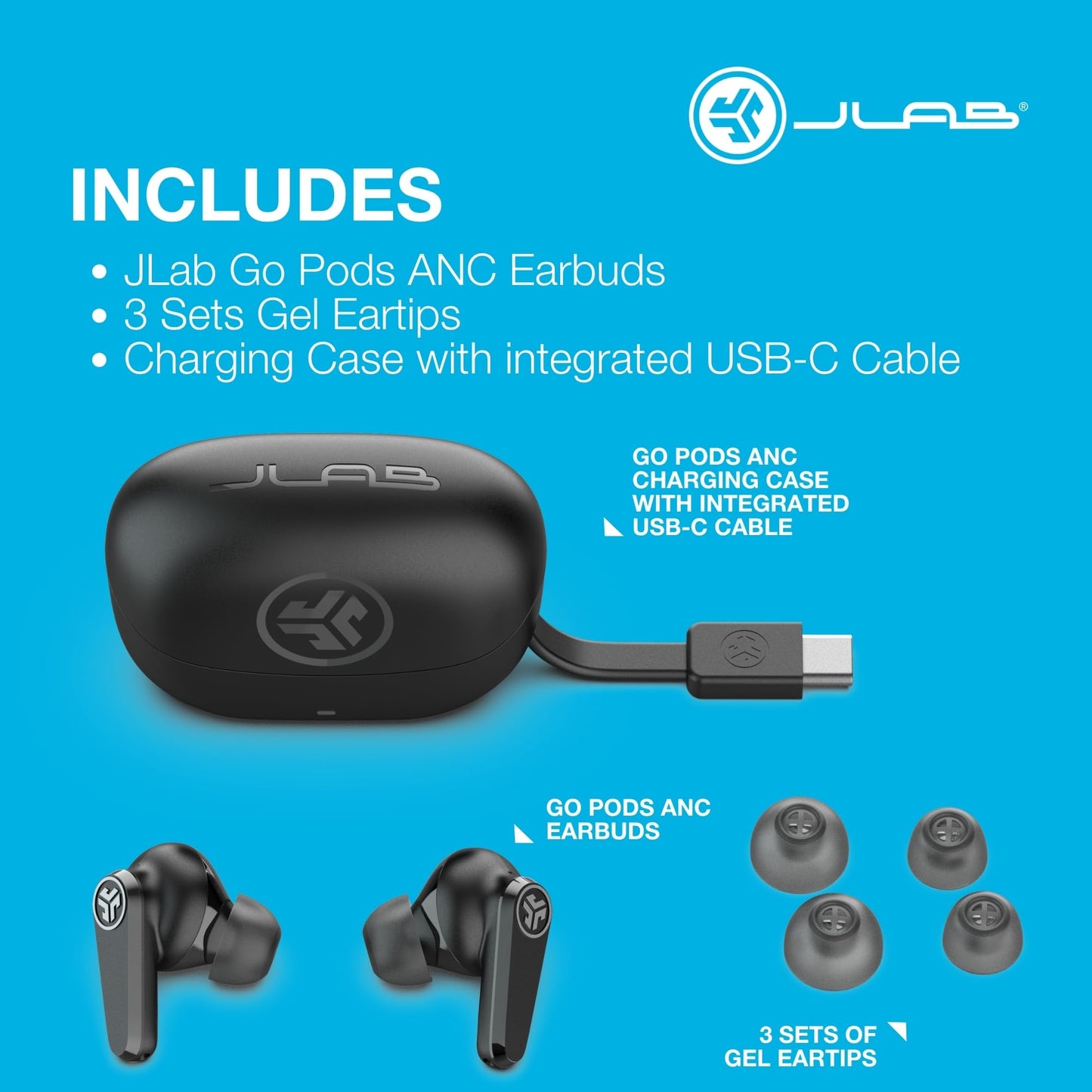 JLab, Go Pods ANC, True Wireless Earbuds, Active Noise Cancelling, Bluetooth, Sage