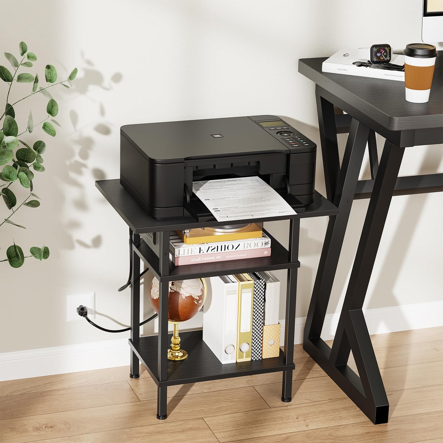 Asgolion Side Table with Charging Station, Skinny Nightstand with USB Ports and Outlets, 3 Tier Narrow End Table with Storage for Bedroom, Living Room, Office, Black