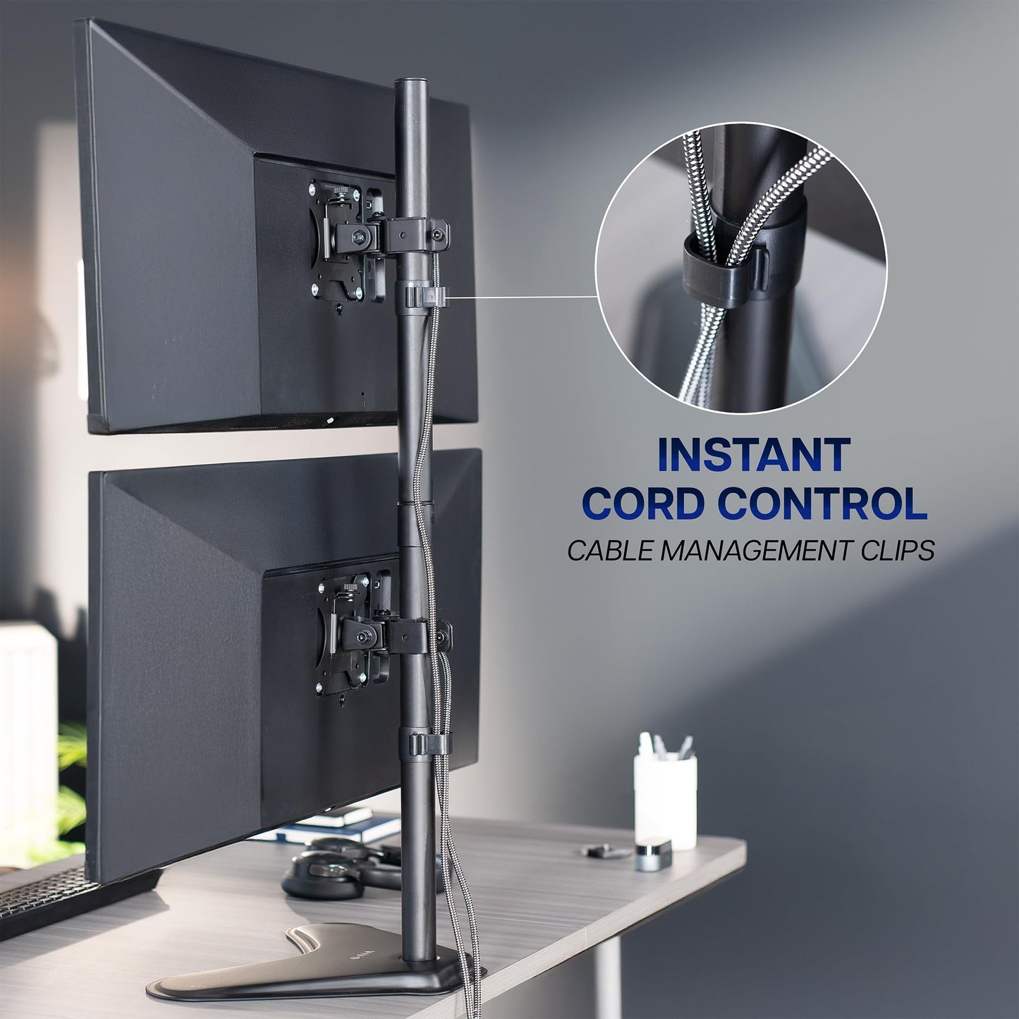 VIVO Dual Monitor Desk Stand Free-Standing LCD Mount, Holds in Stacked Vertical Position 2 Ultrawide Screens up to 34 inches, Black, STAND-V002L