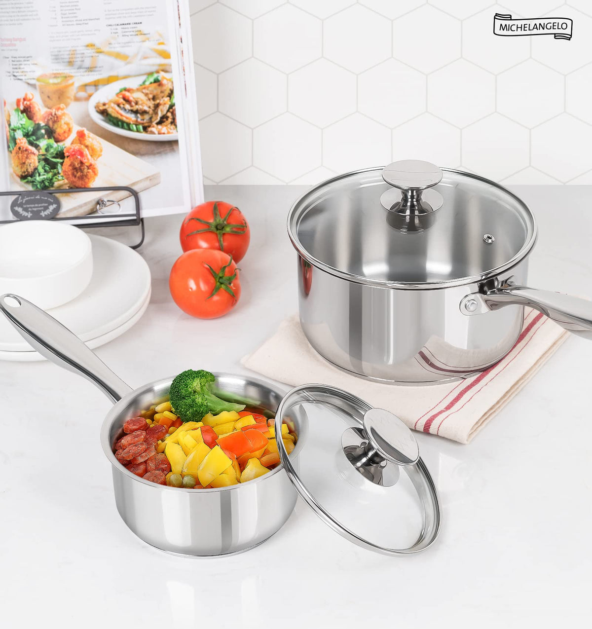MICHELANGELO 1Qt & 2Qt Tri-ply Stainless Steel Saucepan Set, Small Cooking Pots with Tempered Glass Lids, Induction Ready, Oven & Dishwasher Safe, Multipurpose Sauce Pans for Home Kitchen & Restaurant